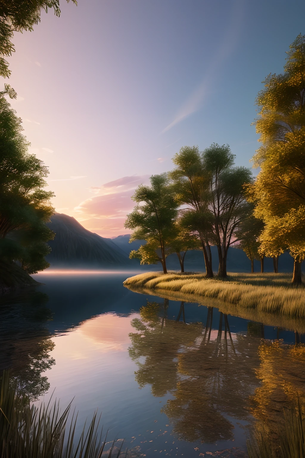 Highly detailed landscape, the most beautiful sunrise, view from a boat, clear photography, photorealistic, soft pastel colours, highly detailed, intricate, path tracing, illustration, insanely detailed, shadow mapping volumetric light, specular lighting