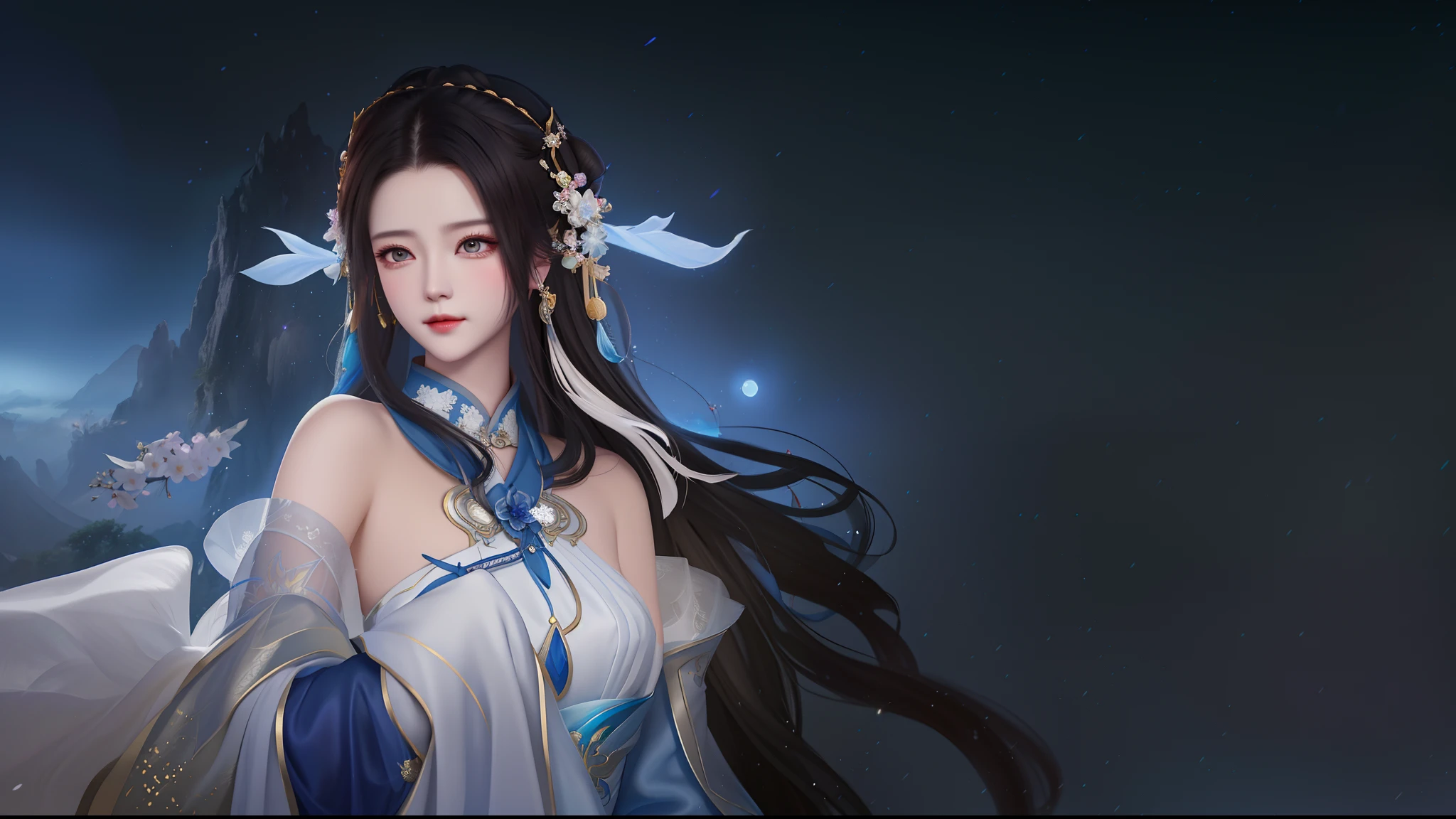Alphad image of a woman in a white dress and a blue dress, Palace ， A girl in Hanfu, a beautiful fantasy empress, Guviz, xianxia fantasy, Beautiful character painting, Chinese fantasy, by Yang J, trending on cgstation, Guviz-style artwork, Inspired by Lan Ying, ((a beautiful fantasy empress))