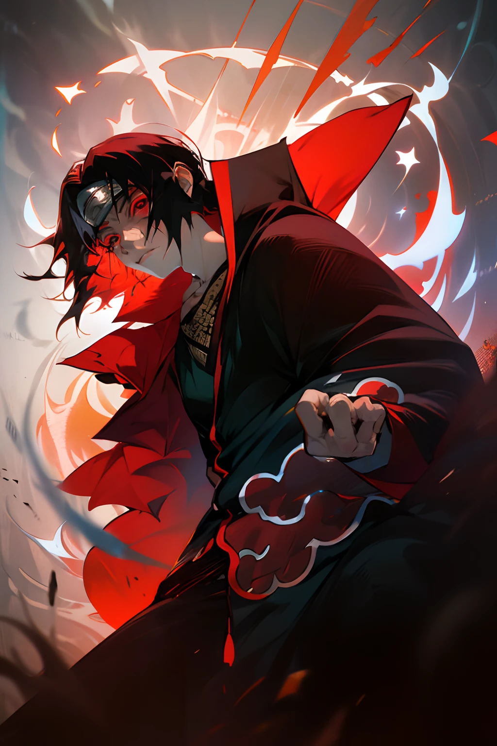 ' Create an image of (("Itachi Uchiha")) that captures his enigmatic and powerful presence. Itachi should be portrayed in a poised and formidable pose, with his Sharingan activated and a sense of mystery in his expression. Ensure the image emphasizes his iconic Akatsuki cloak and headband, and exudes an aura of strength and charisma.