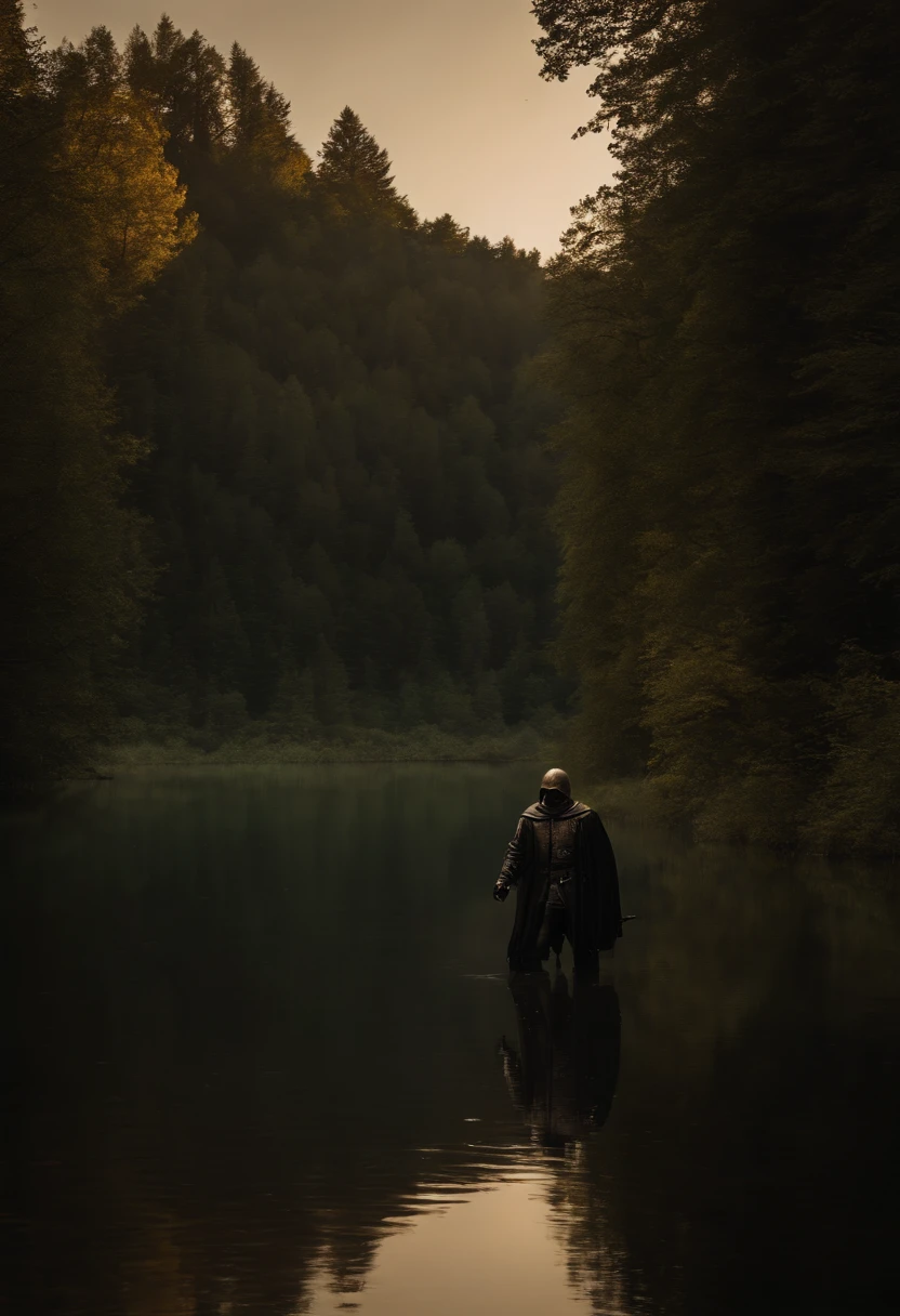 Full length shot of Jason Voorhees at a lake with forest around it, receives a sign high on which it says "Happy Friday the 13th, best wishes" Blick auf die mittlere Kamera, Perfekte Komposition, Beautiful, detaillierte, komplizierte, wahnsinnig detaillierte Oktan-Renderings, die auf ArtStation im Trend liegen, 8 k artistic photography, Fotorealistische Konzeptzeichnungen, Weiches, Natural, volumetrisches, filmisches, perfektes Licht, Chiaroscuro, award-winning photograph, Meisterwerk, oil on canvas, Raphael, Caravaggio, Greg Rutkowski, Piepton, beksinski, giger, Auf ArtStation im Trend, Scharfer Fokus, Studiofoto, Komplizierte Details, Highly detailed, nacht stadt hintergrund, von Greg Rutkowski
