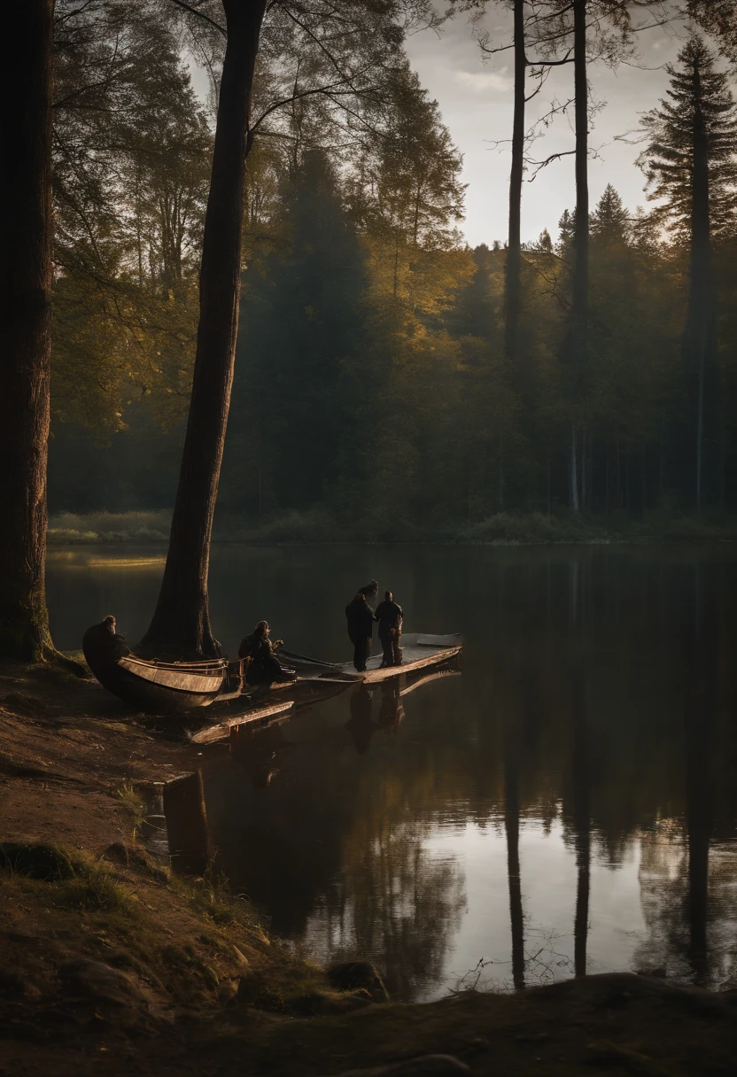Full length shot of Jason Voorhees at a lake with forest around it, receives a sign high on which it says "Happy Friday the 13th, best wishes" Blick auf die mittlere Kamera, Perfekte Komposition, Beautiful, detaillierte, komplizierte, wahnsinnig detaillierte Oktan-Renderings, die auf ArtStation im Trend liegen, 8 k artistic photography, Fotorealistische Konzeptzeichnungen, Weiches, Natural, volumetrisches, filmisches, perfektes Licht, Chiaroscuro, award-winning photograph, Meisterwerk, oil on canvas, Raphael, Caravaggio, Greg Rutkowski, Piepton, beksinski, giger, Auf ArtStation im Trend, Scharfer Fokus, Studiofoto, Komplizierte Details, Highly detailed, nacht stadt hintergrund, von Greg Rutkowski