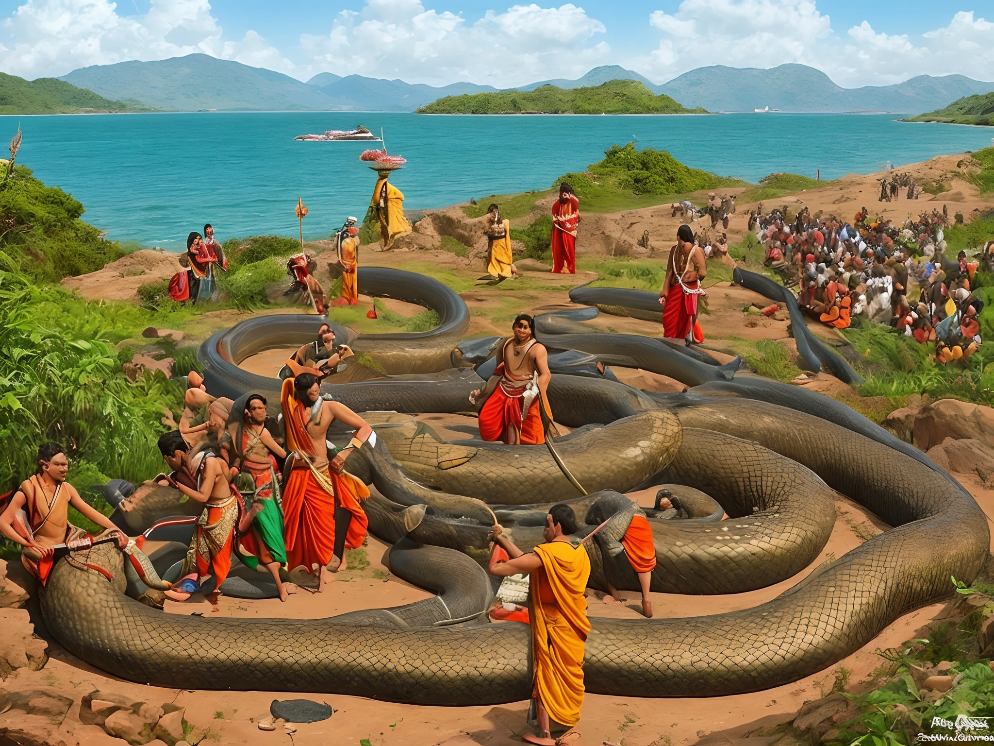 Samundra manthan hindu gods and hindu gaints fighting in sea nearby a huge anaconda snake on a triangle shaped mountain
