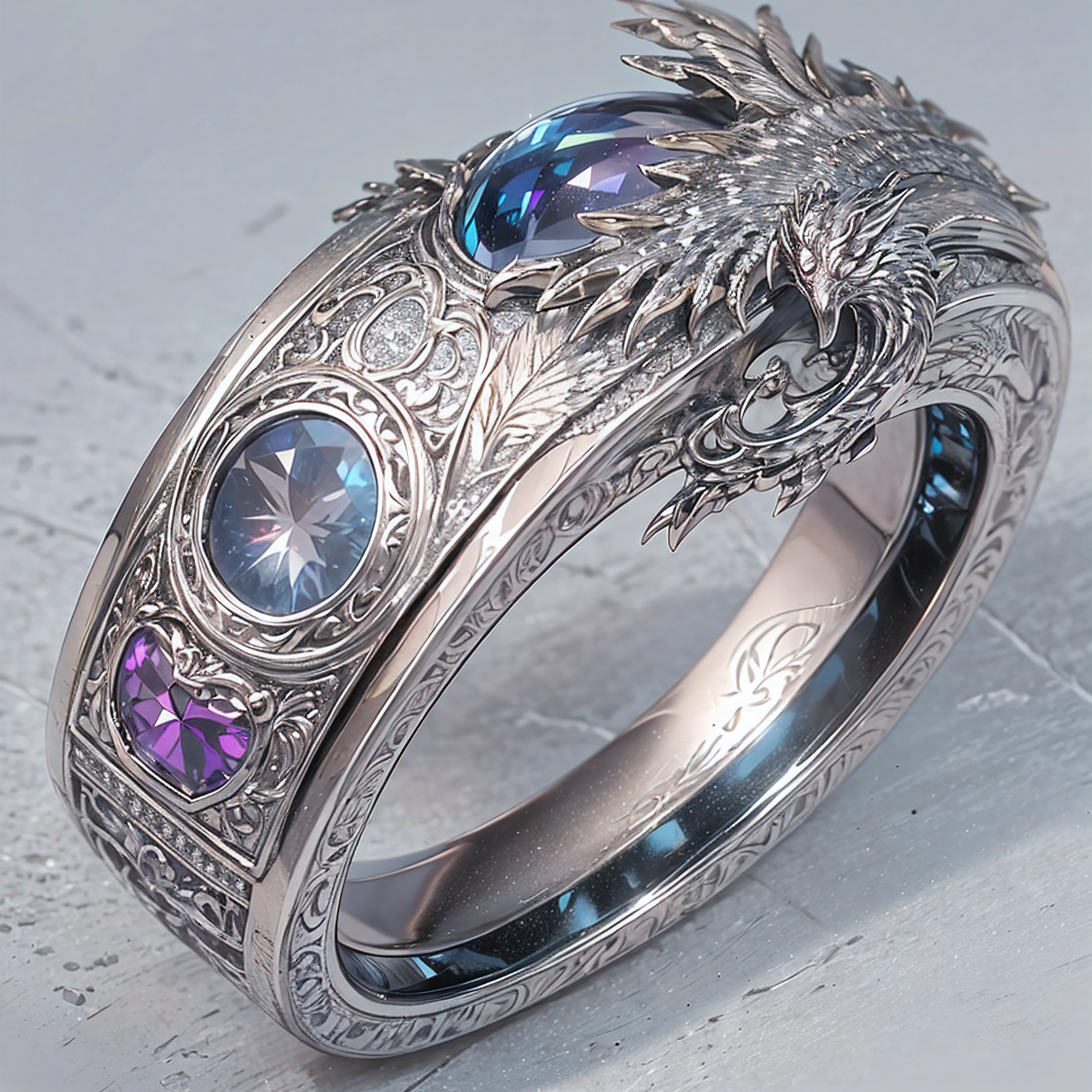 Double ring, platinum, dragon engraved, phoenix engraved, purple rays emanating from the ring