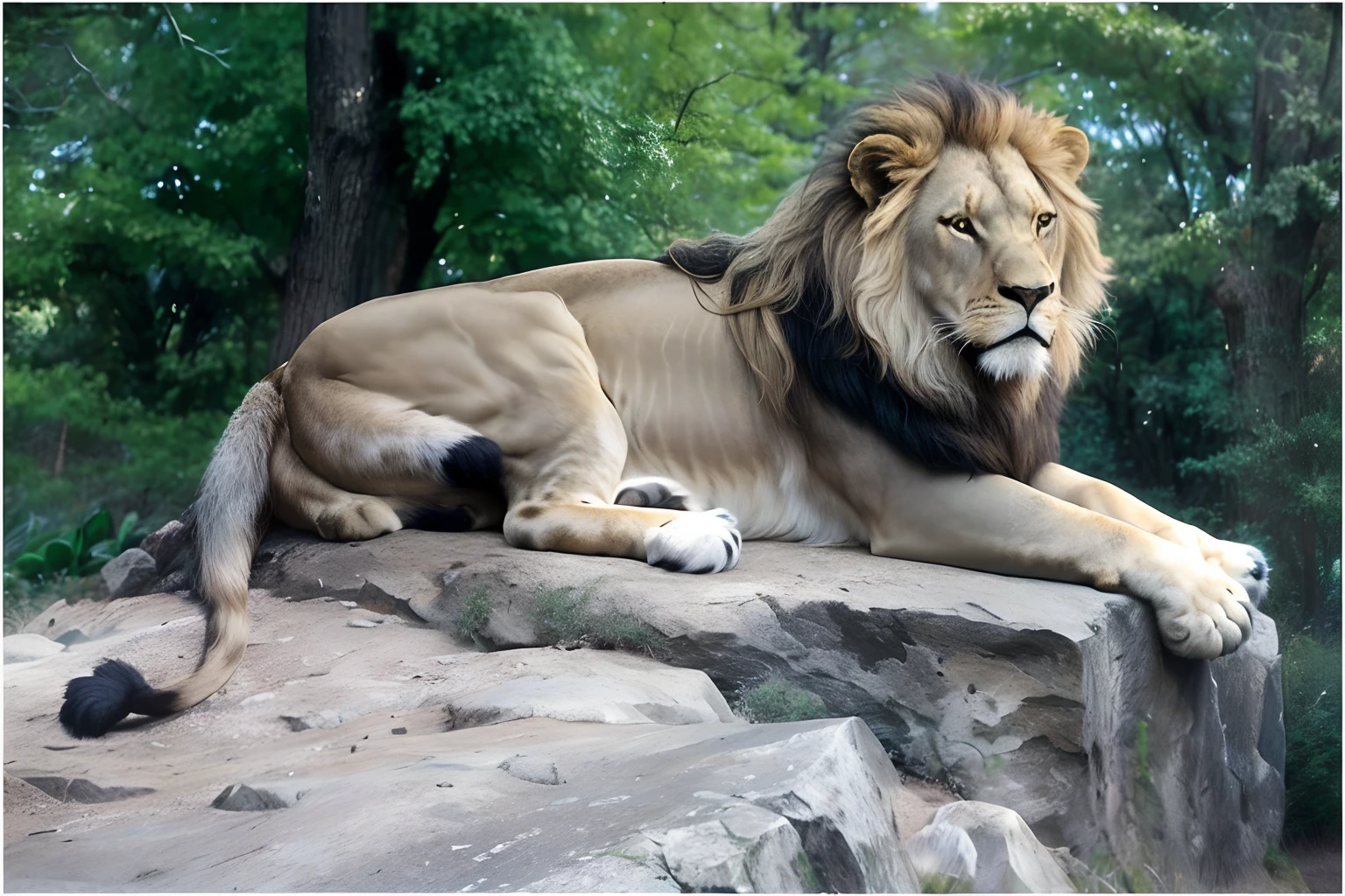 There is a lion lying on a rock in the forest, doing a hot majestic pose, king of the jungle, regal pose, doing a majestic pose, Majestic Pose, proud looking, aslan the lion, Filmed at the zoo, Proud look, Proud look, Zoo Photos, proud looking away, Photos taken at the zoo, with the mane of a lion