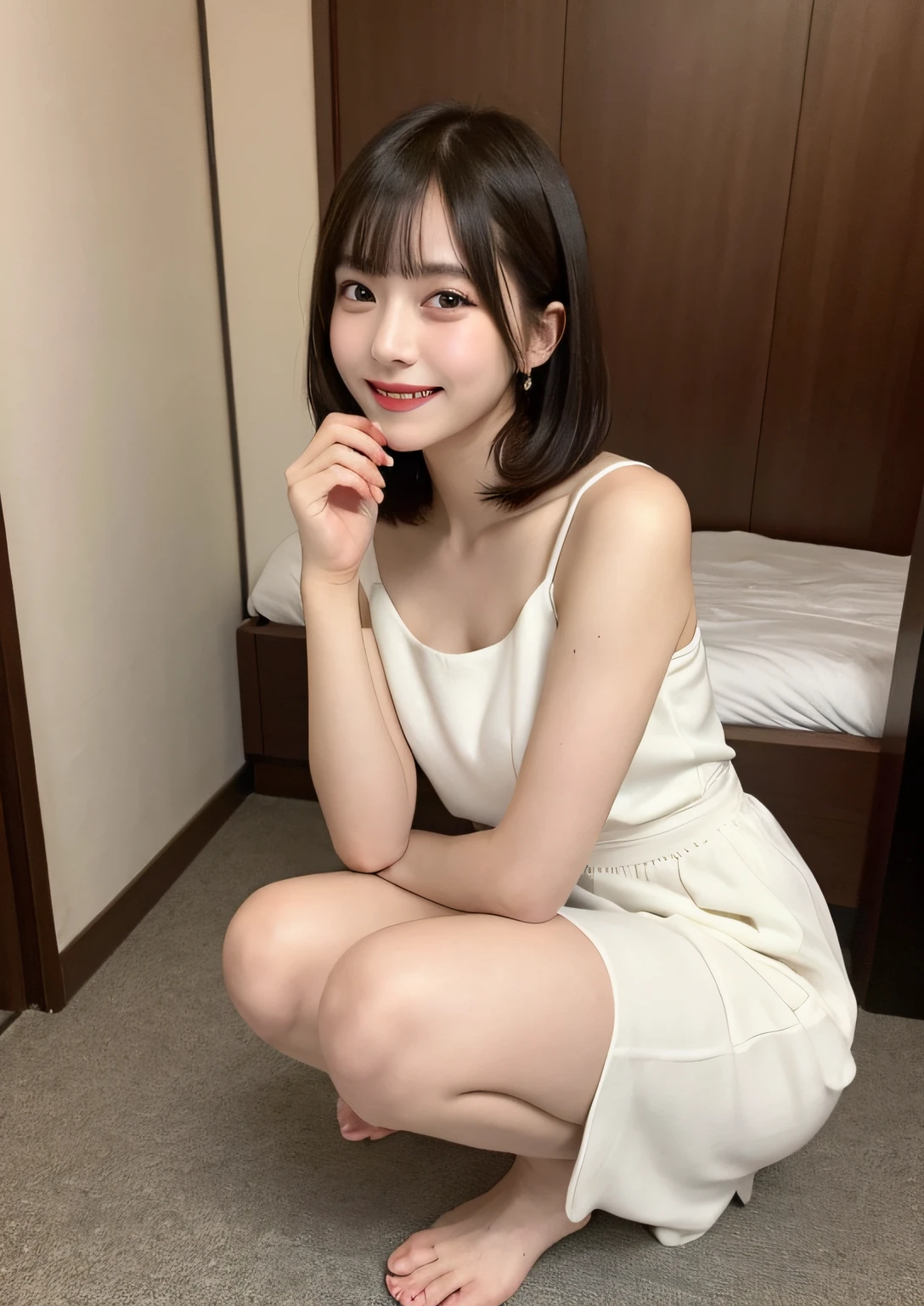 finely detail, hight resolution, hightquality、Perfect dynamic composition, Beautiful detailed eyes, Bob Layer Cut、all-fours、Natural Color Lip, Squatting,Kamimei、in her 20s、1 persons、Transparent skin、Glowing hair、Bedrooms、Bedroom、inside in room、Smile、A smile、frontage、Fashionable clothes、Shibuya、White Dress、Fashionable、beauty legs、bare-legged、Shake your head