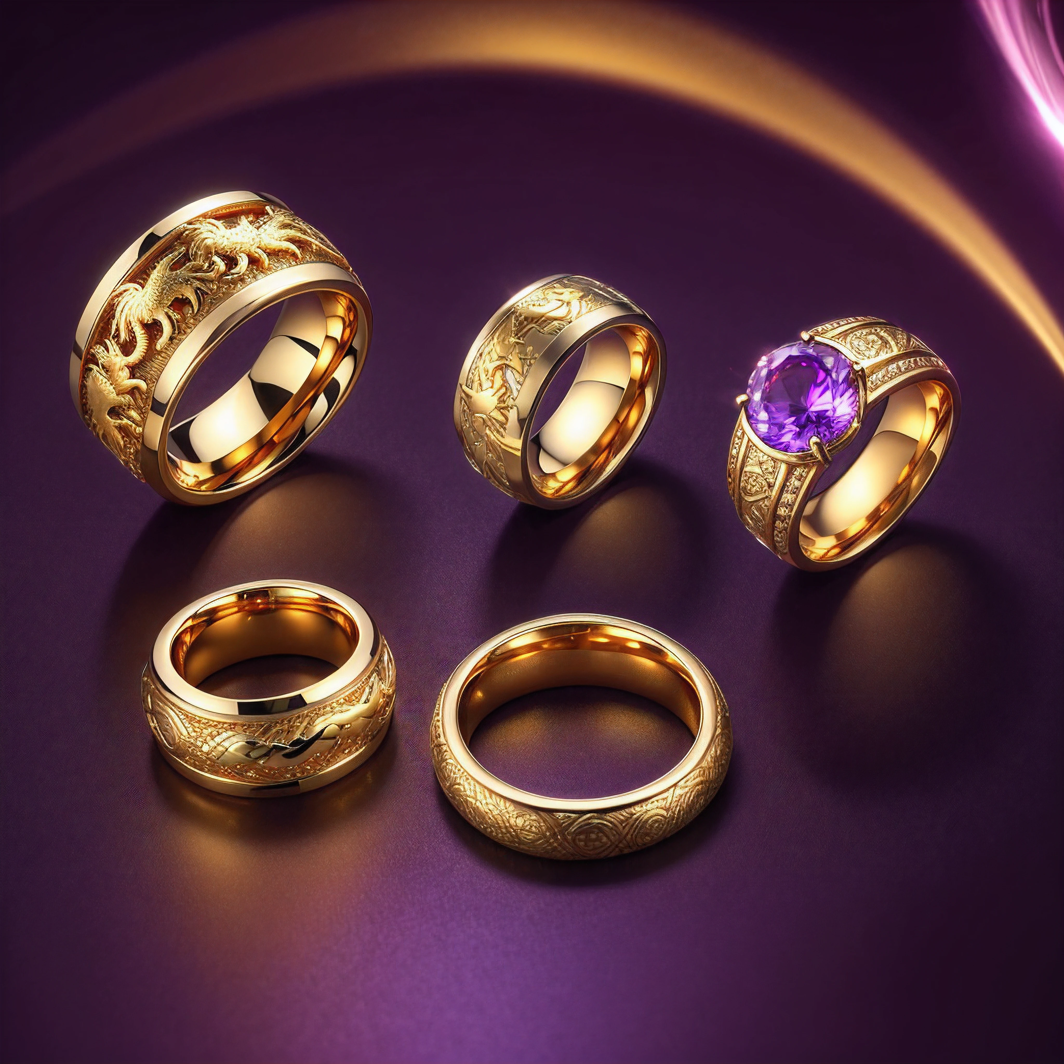 couple ring, golden platinum, dragon engraved, phoenix engraved, purple light streams emanating from the ring