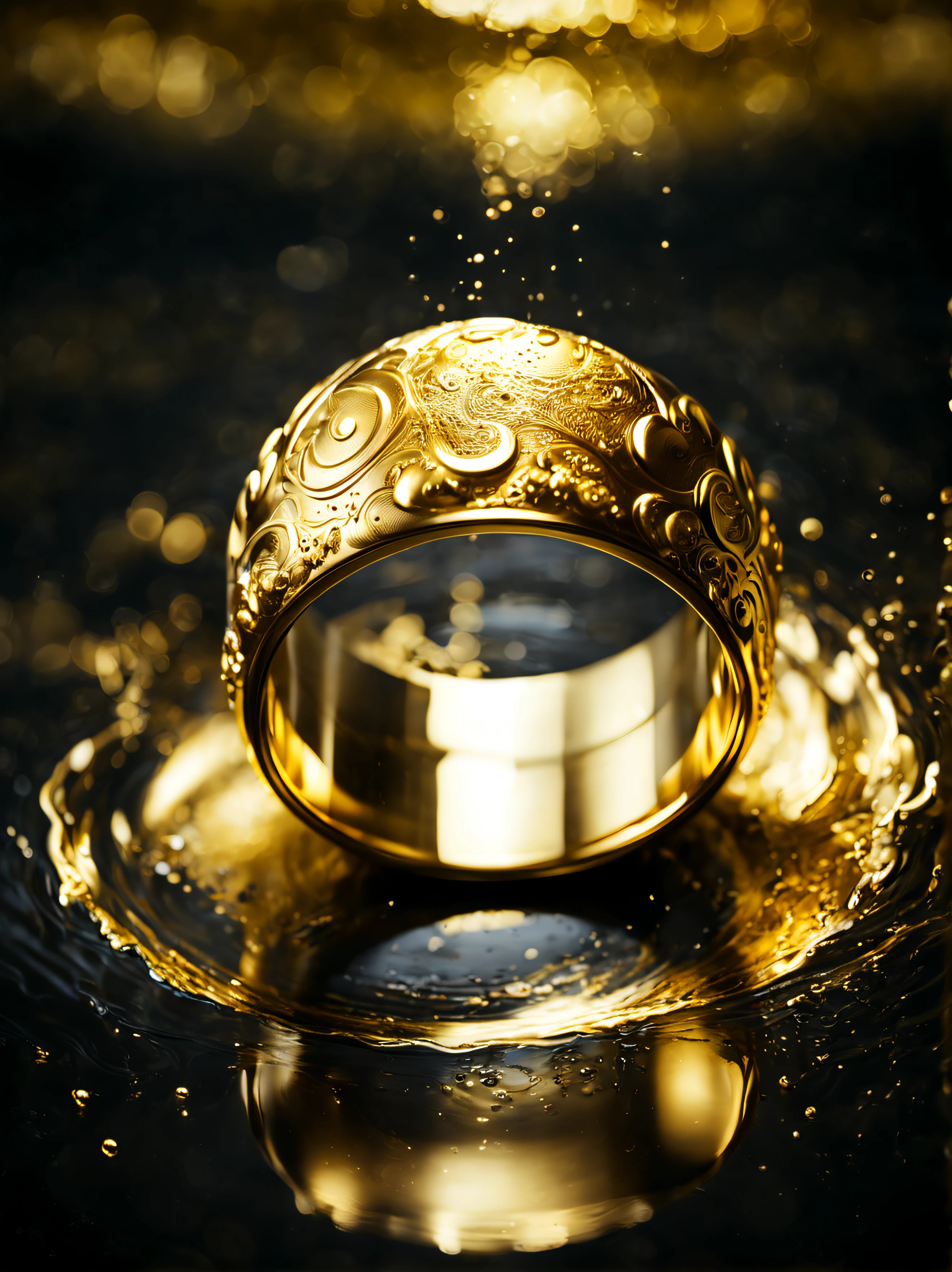 (8k masterpiece, cinematic RAW photo, best quality:1.2) platinum ring floating in (liquid gold:1.4), dark atmosphere, maori markings, intricate maori patterns, gold splash, shockwave, ripples, gold puddle reflections . 35mm photograph, film, bokeh, professional, 4k, highly detailed, liquid gold