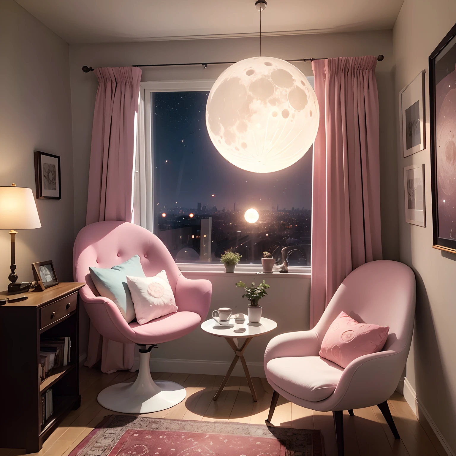 High ceiling　Pink Lights　Pearl ornament　Moon table　The moon seen from the window　Cute chair