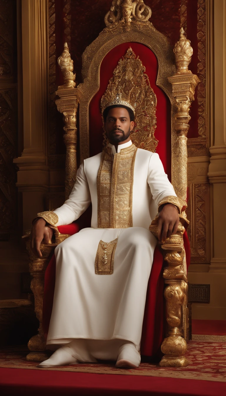 The prompt for generating a high-quality image of Rei Salomão seated on his throne, with his body facing the camera, would be as follows:

"Rei Salomão sitting on his throne, facing the camera, with top quality image (best quality, 4k, 8k, highres, masterpiece:1.2), ultra-detailed, realistic:1.37. The throne is made of polished ivory and adorned with intricate gold engravings. Rei Salomão's majestic crown gleams with precious gemstones and intricate patterns. He wears a regal robe made of rich velvet, with exquisite embroidery that reflects his royal status. The background is a grand hall with towering pillars and elaborate tapestries. The lighting is soft, highlighting Rei Salomão's features and creating a majestic ambiance. The color tone is warm and rich, enhancing the regal atmosphere."

Remember to keep the prompt concise by removing any unnecessary explanations and punctuation marks.