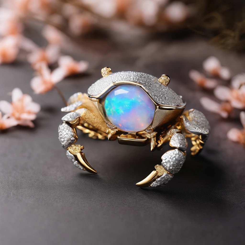 (Small crab shaped ring gravel opal ring close-up:1.2), (Cute crab eyes and mouth),(2 crab clips wrapped around the band:1.1),Complete limbs full of details, 对称,(Professional inlaying),copious jewelry, ,Platinum and gold thread,Cute shape,Cartoony,Black gold