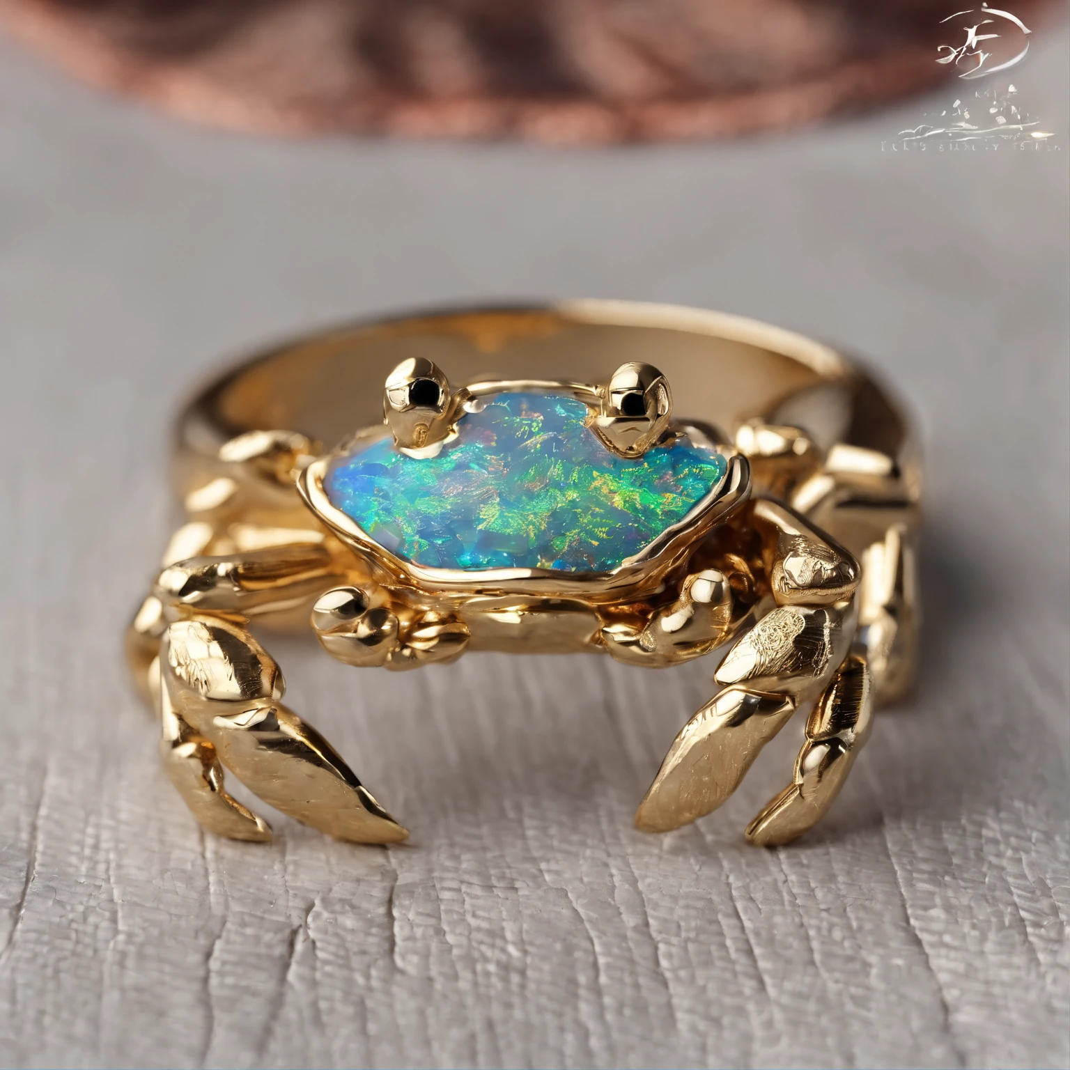 (Small crab shaped ring gravel opal ring close-up:1.2), (Cute crab eyes and mouth),(2 large clips of the crab for the ring)Complete limbs full of details, (Professional inlaying),copious jewelry, ,Platinum and gold thread,Cute shape,Cartoony,Black gold