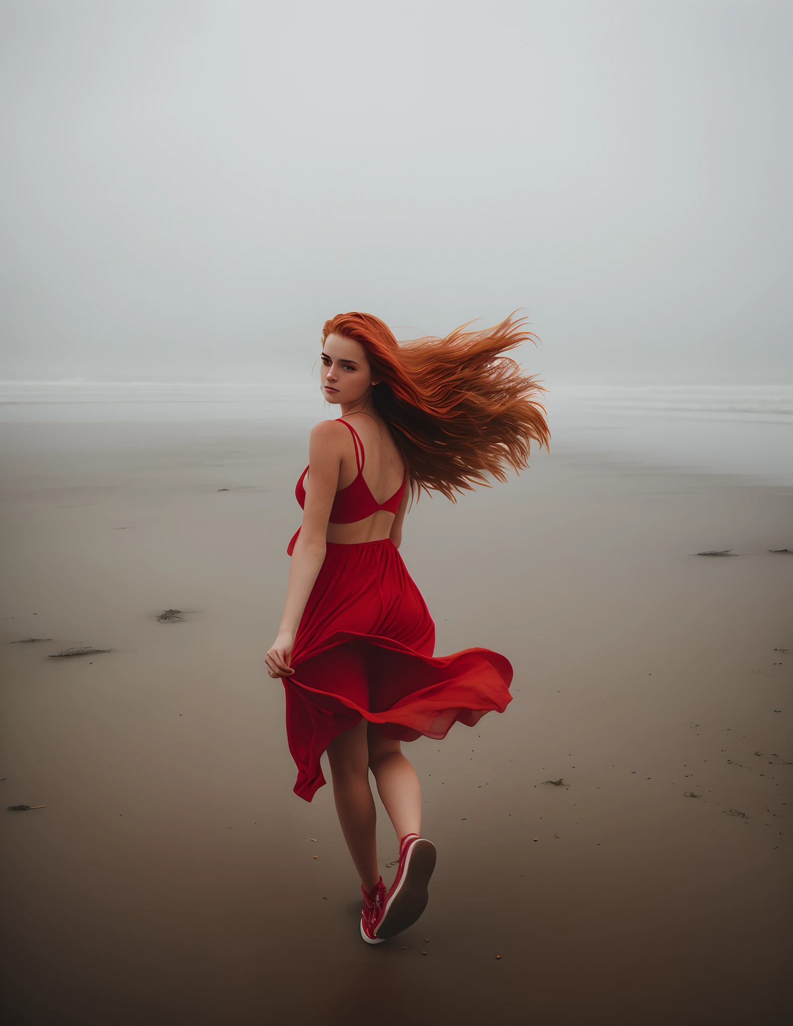 araffe woman in red dress running on beach with very long hair, long ginger hair windy, wind blowing and hair flowing, young redhead girl in motion, flowing red hair, windy hair, her hair blowing in the wind, with red hair, very long flowing red hair, wind blown hair, red hair girl, windy beach, wind blowing hair, long flowing red hair, her face look like Emma Watson