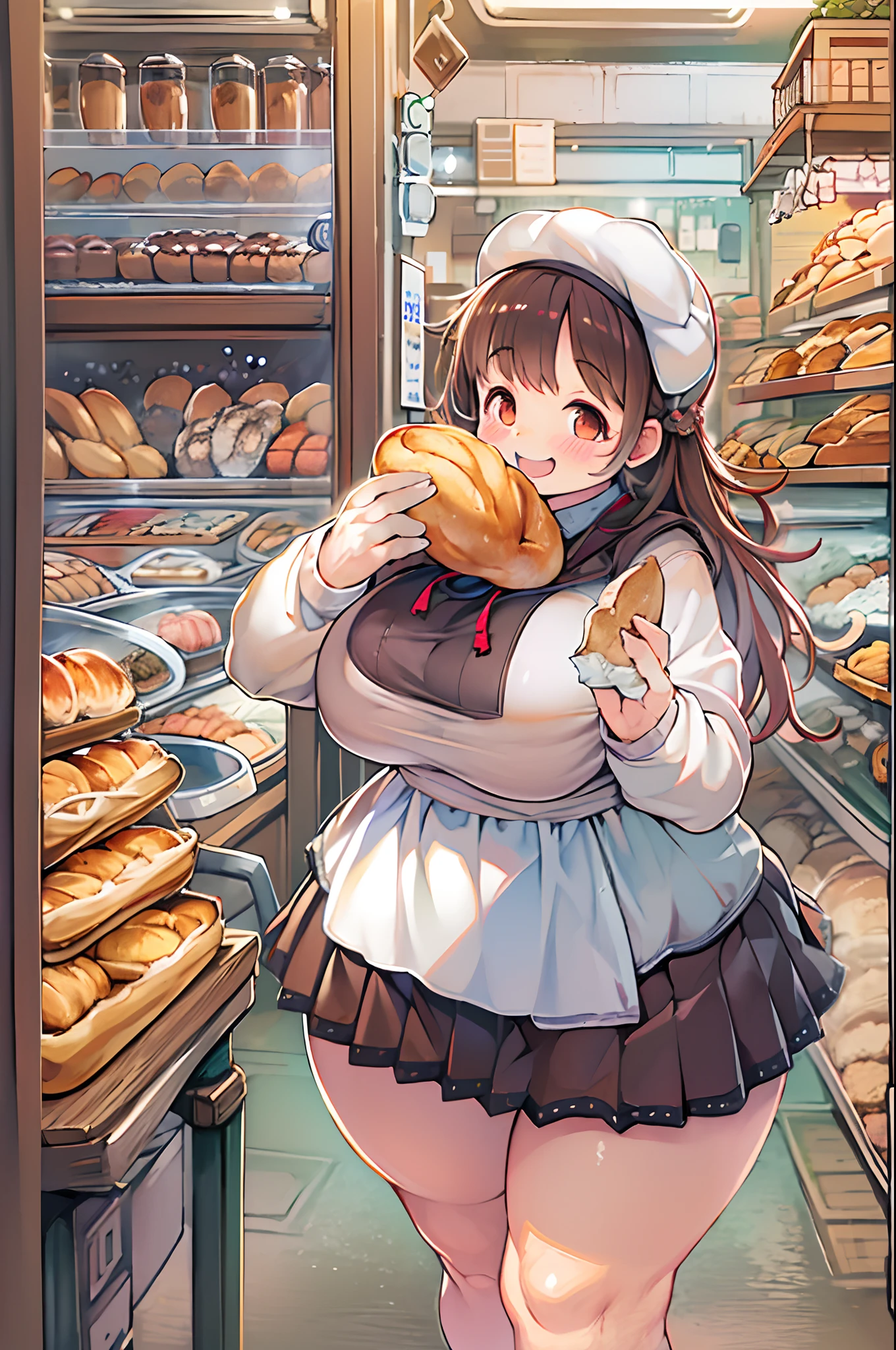 1人、huge-breasted、kawaii、bbw、thick thight、big butts、Ultramammy,pleatedskirt、Bakery、Baker、Bread lining、A big smile