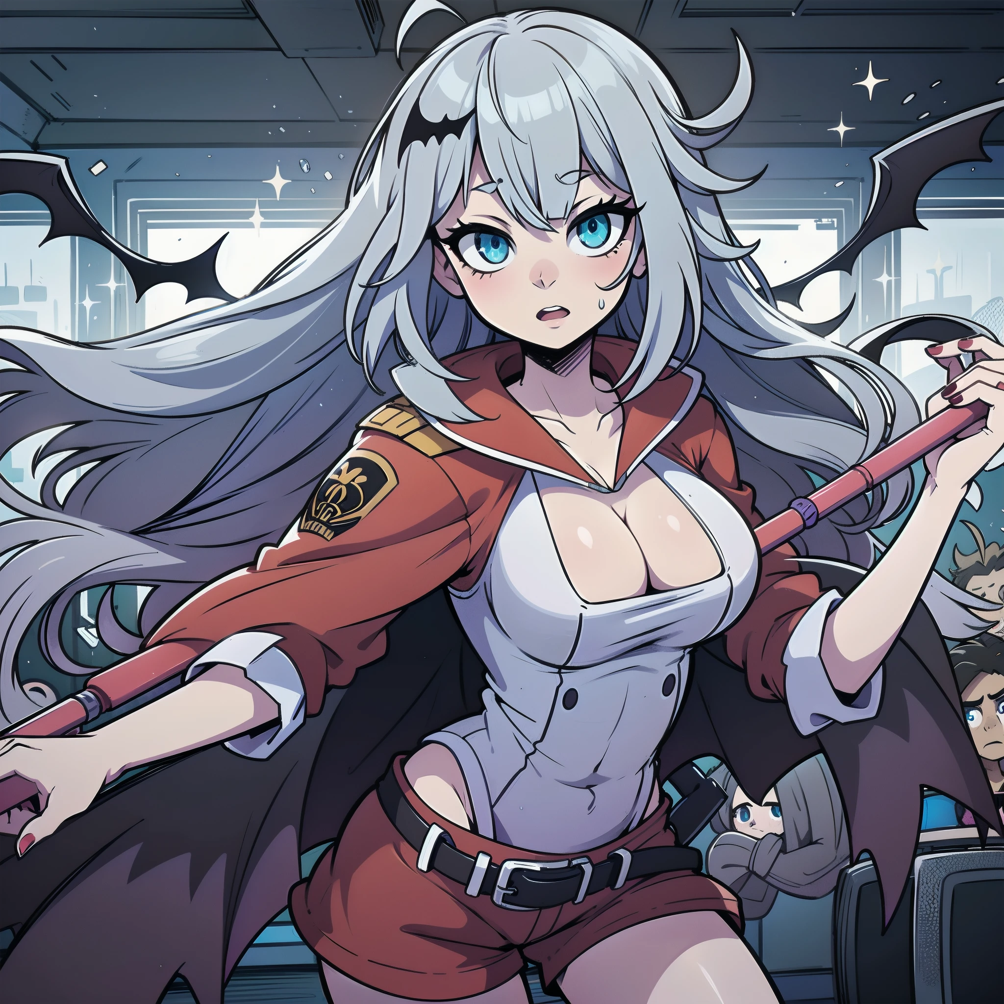 masterpiece, best quality, intricate, detailed, sharp, focused, 1girl, Charon, the lunar spirit, moves gracefully about the control room, her silvery glow casting an ethereal aura. she has a keen gaze' with eyes of a bluish-gray ice color sparkles. She looks like a rough, unkempt Athenian seaman dressed in reddish-brown, with tiny bat wings (kawaii demon wings) and wielding a double hammer as an oar over her shoulder, ready to beat those who delay. in anime style, blue eyes, bangs, nail polish, red nails, underwear is purple, cleavage, collarbone, sleeves rolled up, cross-laced knee boots