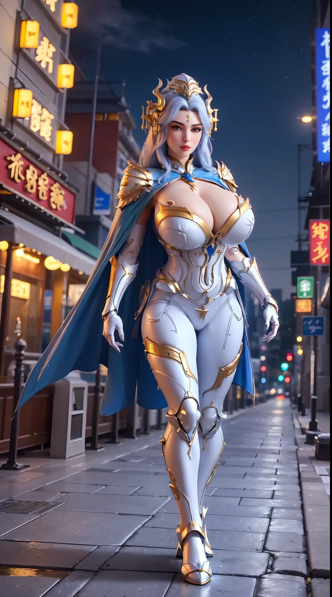 1GIRL, SOLO, (dark-blue hair, hair gold ornament), (HUGE FAKE BOOBS:1.3), (white, sea blue, gold, FUTURISTIC DRAGON MECHA ARMOR SUIT, ROYAL CAPE, CLEAVAGE:1.5), (SKINTIGHT YOGA PANTS, HIGH HEELS:1.2), (NSFW GLAMOROUS BODY, SEXY LONG LEGS, FULL BODY:1.3), (FROM FRONT, LOOKING AT VIEWER:1), (WALKING DOWN ON STREET NIGHT CITY:1.3), PHYSICALLY-BASED RENDERING, ULTRA HIGHT DEFINITION, 8K, 1080P.