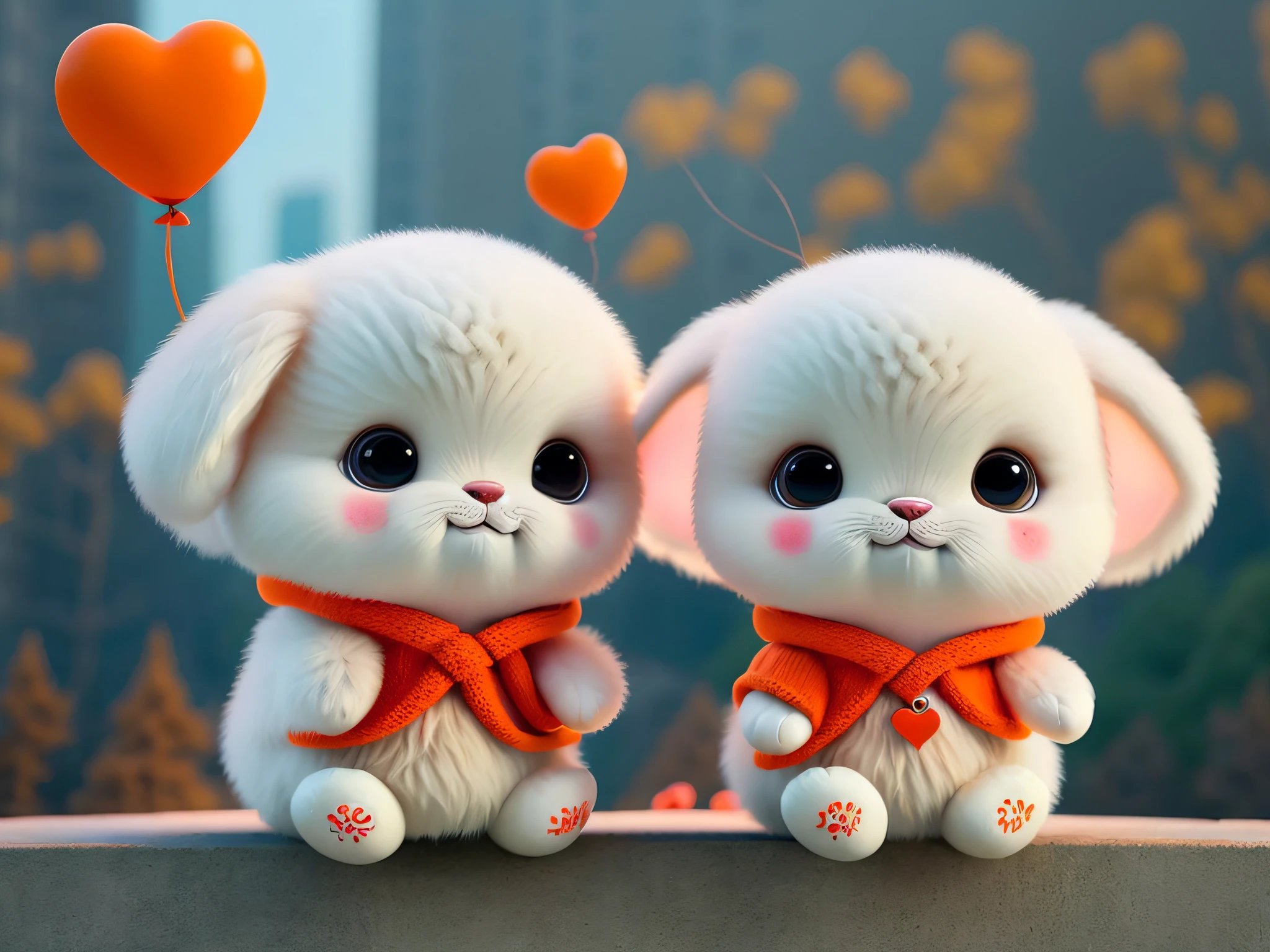 Very cute puppy、big eye、Doing the ribbon、Clothes are orange、Holding a heart-shaped balloon in his hand、Background is over tall buildings