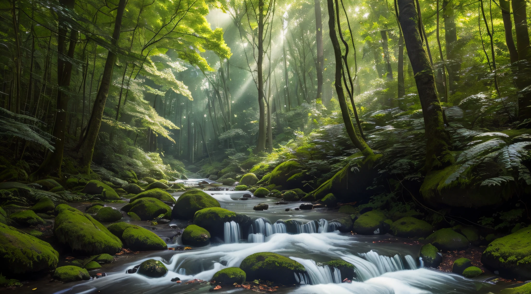 (best quality,4k,highres,masterpiece:1.2),ultra-detailed,(realistic,photorealistic,photo-realistic:1.37),forest,green foliage,tall trees,sunlight filtering through leaves,stream running through the forest,moss-covered rocks,branches swaying in the wind,lush undergrowth,peaceful atmosphere,dappled sunlight,faint sound of birds chirping,tranquil setting,rays of sunlight piercing through the dense canopy,gentle breeze rustling the leaves,deer grazing in the clearing,squirrels scurrying up the trees,ancient tree trunks with intricate patterns,serene ambiance,blurred background highlighting the foreground details,subtle shades of green,soft lighting creating a serene mood,majestic beauty of nature,clarity in every leaf and blade of grass,vibrant colors of the forest,harmonious blend of colors,calming and soothing environment,immersive experience in the midst of nature,unspoiled wilderness,picturesque landscape,peaceful coexistence of flora and fauna,sparkling water in the stream,whisper of the wind through the trees,dense foliage offering shade from the sunlight,scenic beauty of the forest,harmony between nature and tranquility