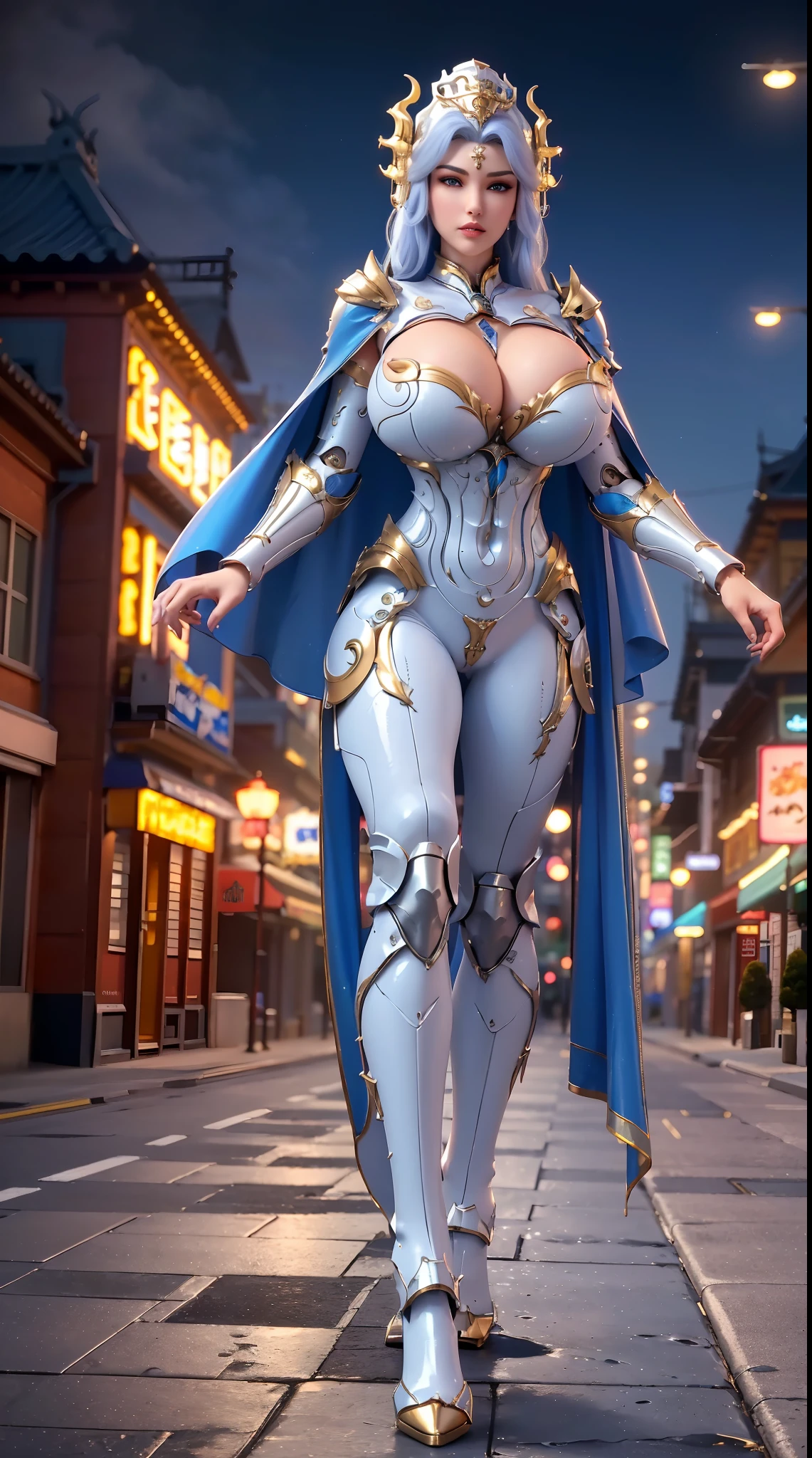 1GIRL, SOLO, (dark-blue hair, hair gold ornament), (HUGE FAKE BOOBS:1.3), (white, sea blue, gold, FUTURISTIC DRAGON MECHA ARMOR SUIT, ROYAL CAPE, CLEAVAGE:1.5), (SKINTIGHT YOGA PANTS, HIGH HEELS:1.2), (NSFW GLAMOROUS BODY, SEXY LONG LEGS, FULL BODY:1.3), (FROM FRONT, LOOKING AT VIEWER:1), (WALKING DOWN ON STREET NIGHT CITY:1.3), PHYSICALLY-BASED RENDERING, ULTRA HIGHT DEFINITION, 8K, 1080P.
