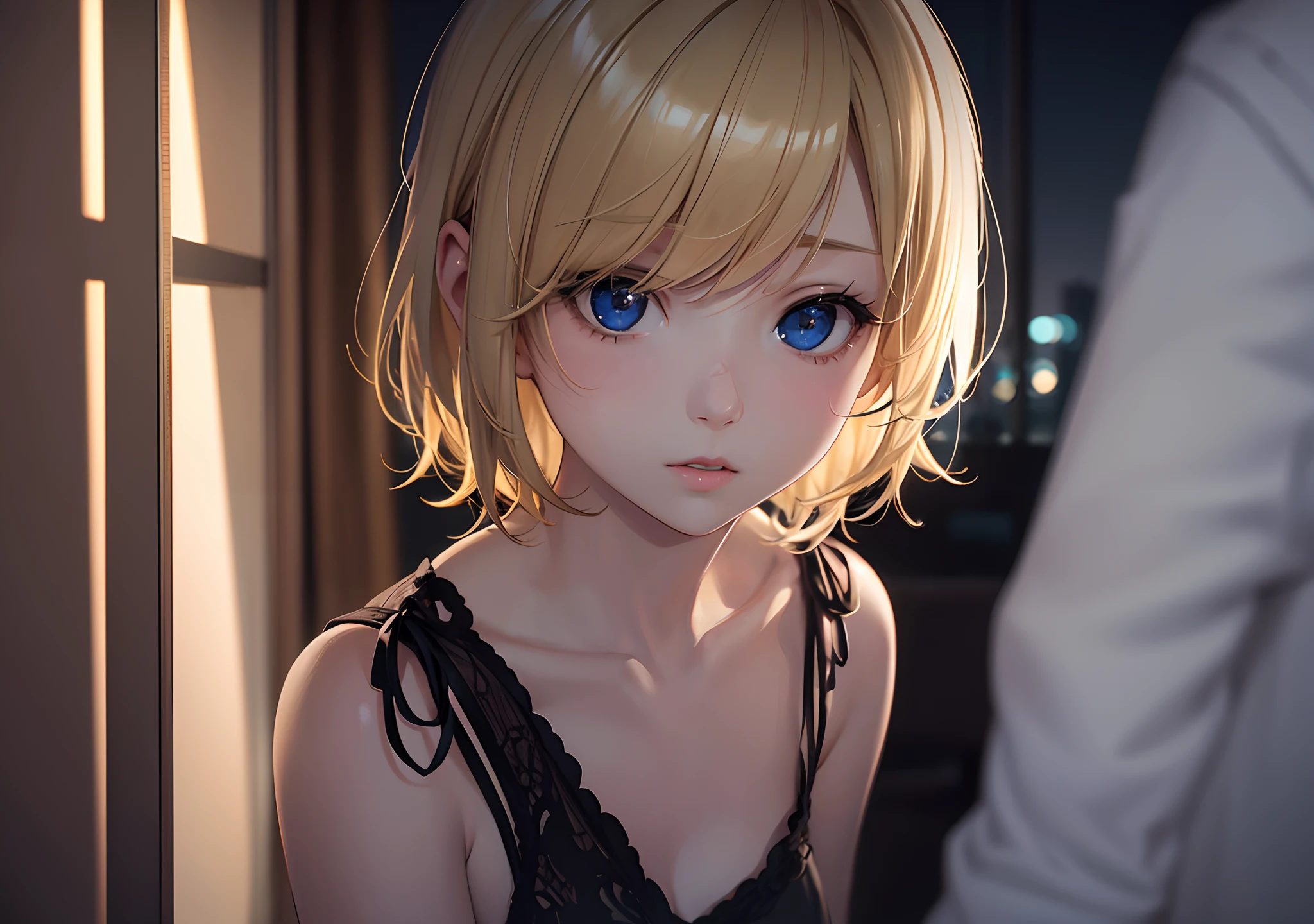 Short blonde hair，the night，pureloli，deep shading，cold light，low tune，in the darkness nigth，RAW photogr，best qualtiy，tmasterpiece，Ultra-high resolution，Realistic1.5