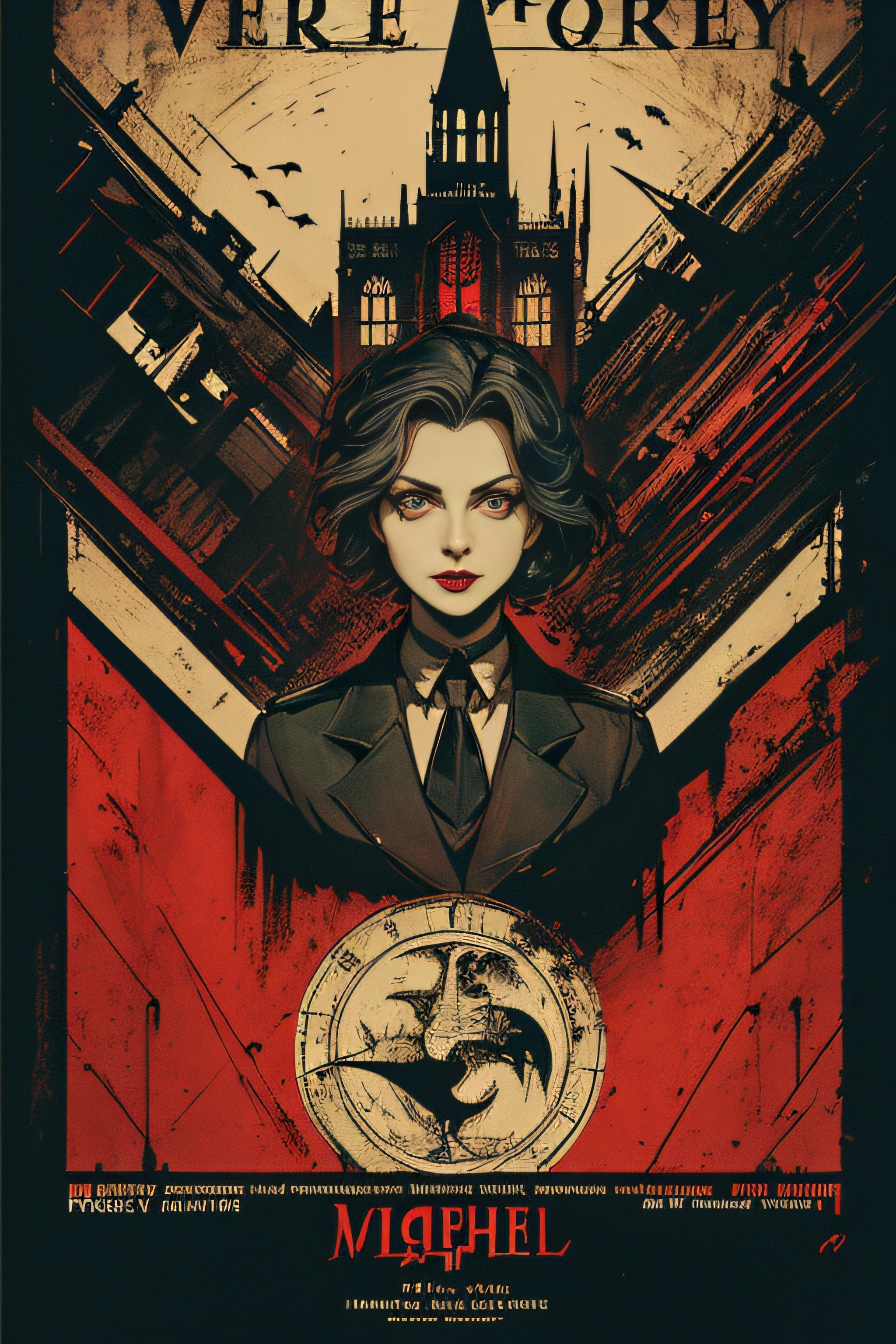 (Masterpiece, Best Quality), 8k Wallpaper, highly detailed, poster, Witch, evil, vintage horror, 1940s, horror thriller cinematic movie poster, Bauhaus, shapes, lines, abstract, propaganda, gothic, movie poster, vintage, horror, low angle shot.