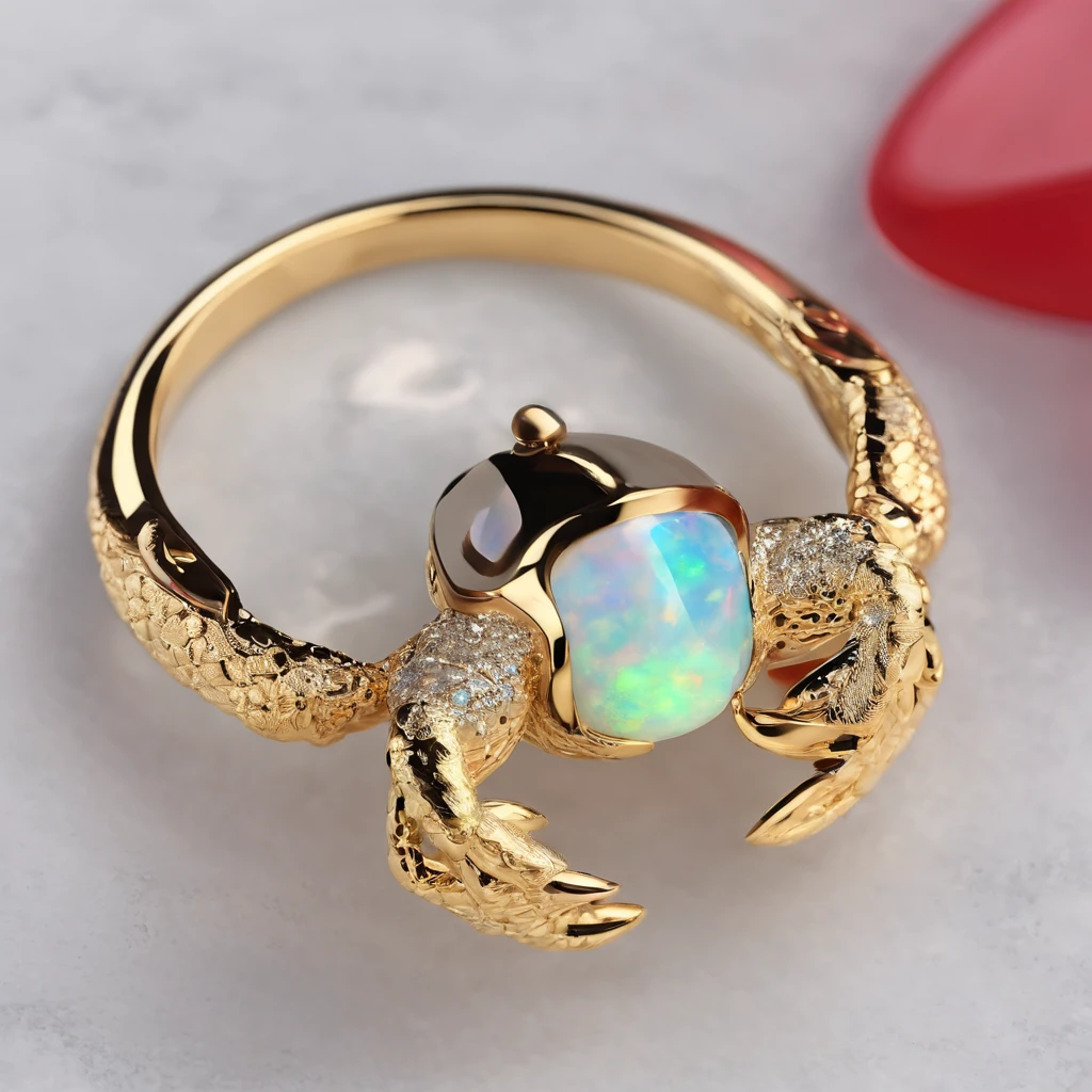 （Small crab shaped ring gravel opal ring ring close-up：1.5）, （Cute crab eyes and mouth），（2 crab clips wrapped around the Ring shank：1.1），Complete limbs full of details， 对称，（Professional inlaying），copious jewelry,  ,Platinum and gold thread，Cute shape，Cartoony，Black gold