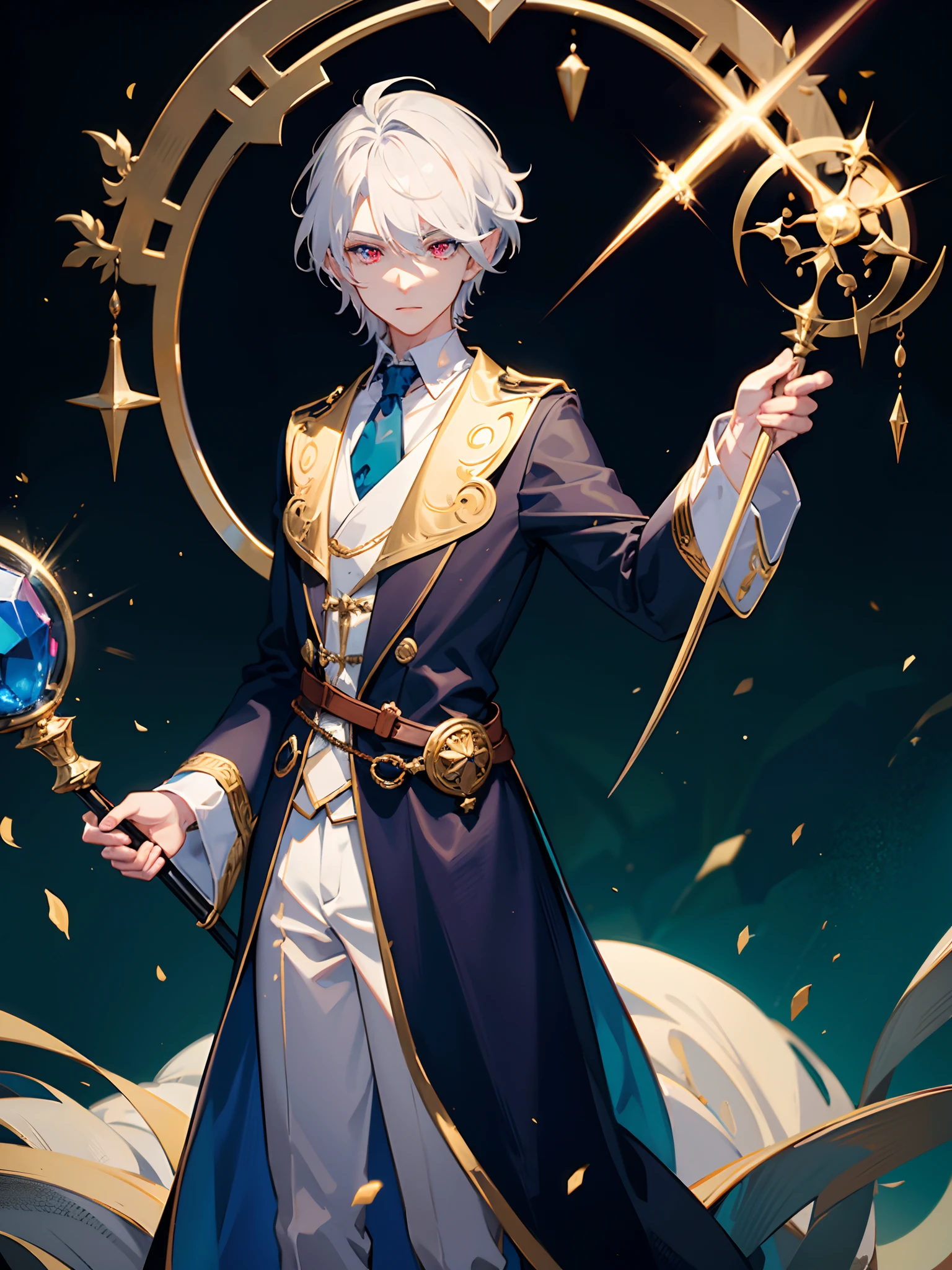1 boy, half elf, medium length white hair, crimson eyes, holding in right hand an ebony magic staff with a large glowing sapphire crystal on the top of the staff, left hand empty, blue magician hat with gold trim, white collared shirt, blue vest, blue magician robe with gold inlays, black pants, fantasy city, absurdres, high res, 8k, masterpiece, looking at viewer
