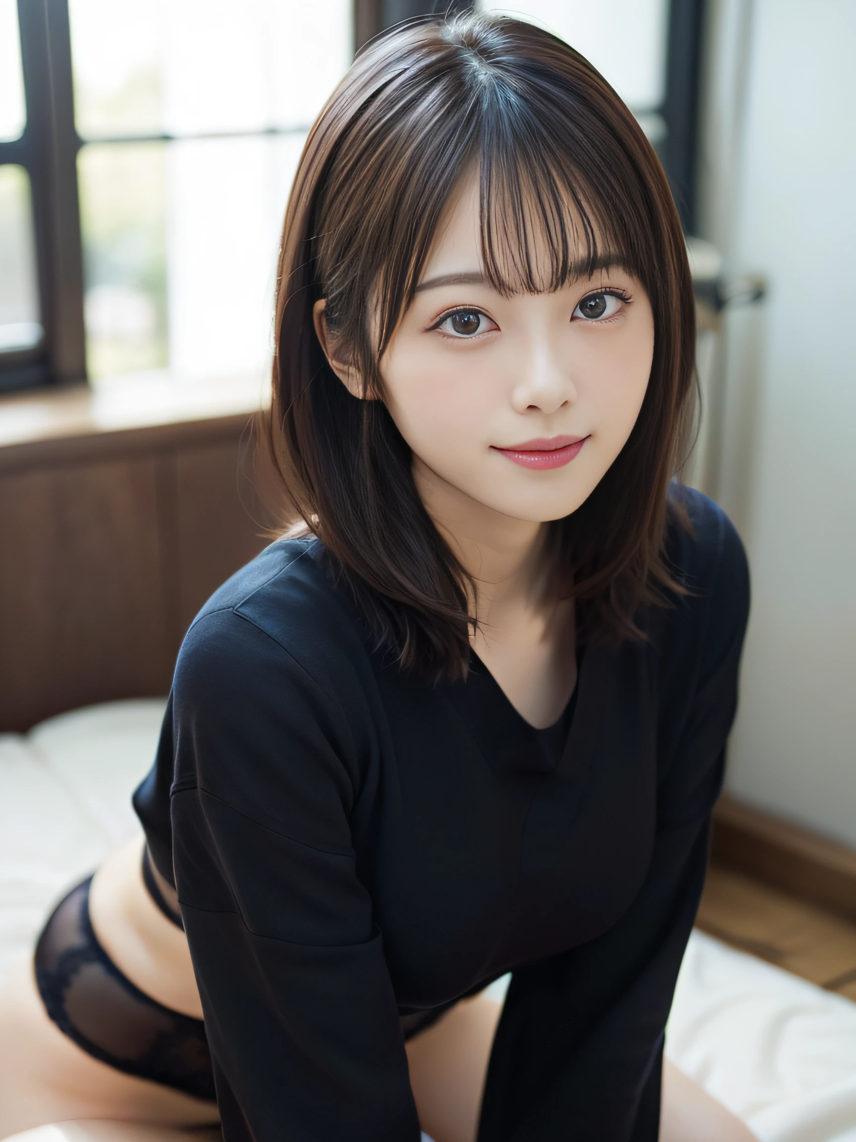in 8K,Best Quality:1.4, 超A high resolution:1.5, (Photorealistic:1.4),masterpiece:1.2,(top-quality:1.4)、 Raw photo、 (the background is blurred) 、FULL BODYSHOT、Bedrooms、 1日本人の女の子, Cute, (Solo:1.4), (Shy smile), Smooth skin、 (Brown medium hair,Bangs), (touch hair:1.4),nogizaka,Black underwear,Supple fingertips,Beautiful black eyes、dual、natural skin textures:1.3, realistic eyes and face details:1.7、middlebreasts、Gravure Pose、Toned buttocks:1.5、all-fours、Sweaty skin、Female Panther Pose、Backshots、garterbelts