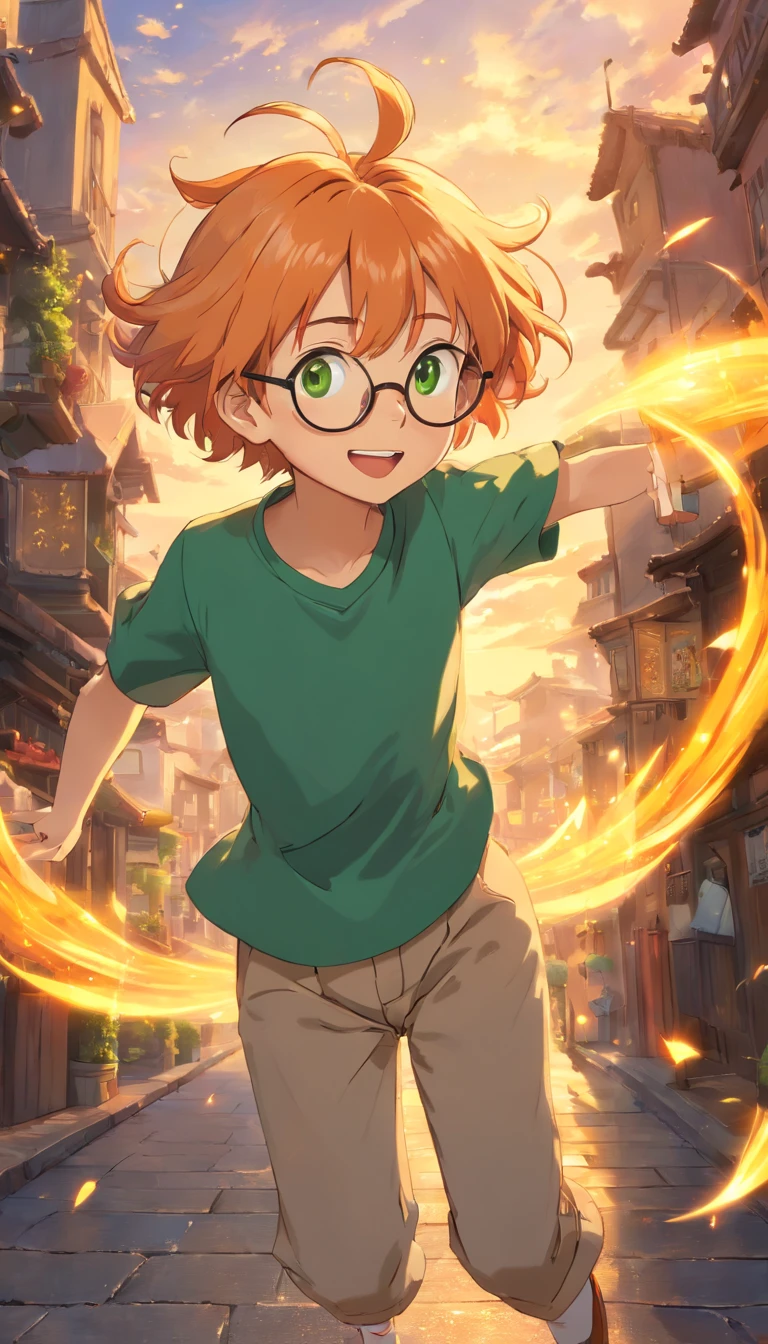 (best quality,masterpiece:1.2),ultra-detailed,photorealistic:1.37,film still,1 boy, hovering in the sky, close-up, glowing, happy, golden locks, short hair, aviator glasses, rimless glasses, yellow irises, orange pupils, ((green shirts)), black pants, energetic, soft warm lighting illuminates, the street,(spark of fire:0.7),sandy orange hair, dancing poses.