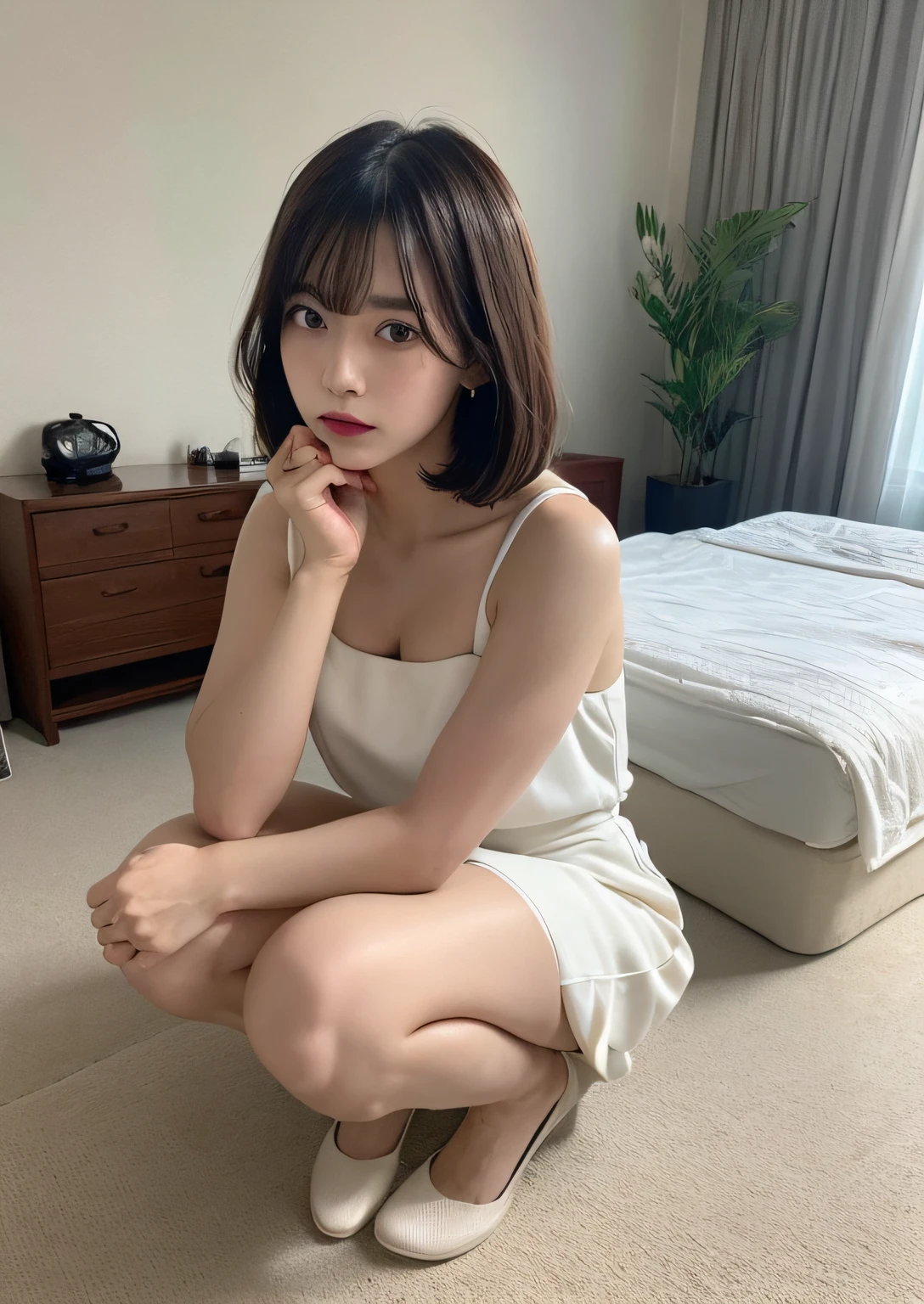 finely detail, hight resolution, hightquality、Perfect dynamic composition, Beautiful detailed eyes, Bob Layer Cut、all-fours、Natural Color Lip, Squatting,Kamimei、in her 20s、1 persons、Transparent skin、Glowing hair、Bedrooms、Bedroom、inside in room、frontage、moody expression、irritated expression、Irritated、irate、hatred、feeling of disgust、glares、Fashionable clothes、Shibuya、Korean Makeup、White Dress、Fashionable、beauty legs、bare-legged