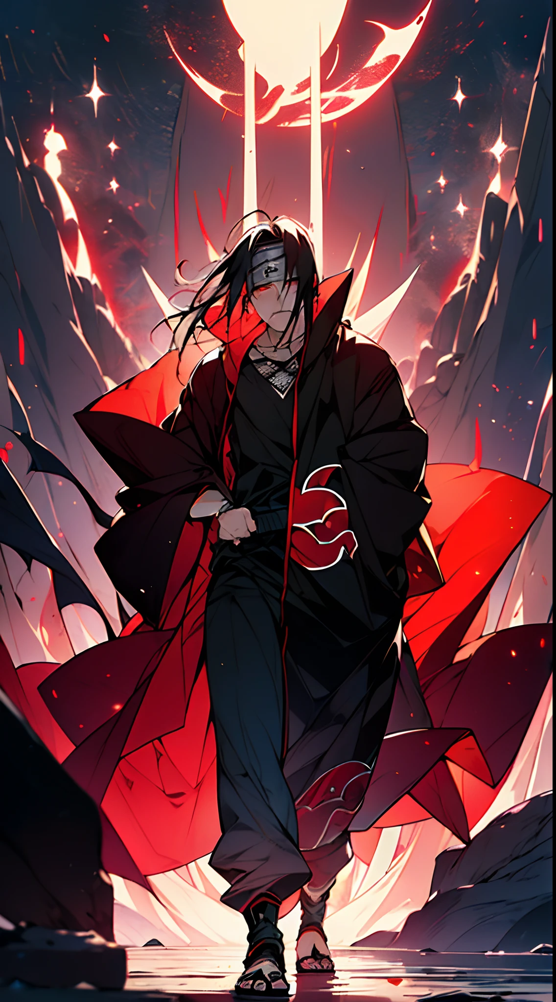 ' (masterpiece) Design a badass wallpaper showcasing the formidable (("Itachi Uchiha")). Itachi should be depicted in a powerful and captivating pose, exuding an aura of strength and charisma. The background should complement his intense presence, 16k creating a visually striking and captivating wallpaper.