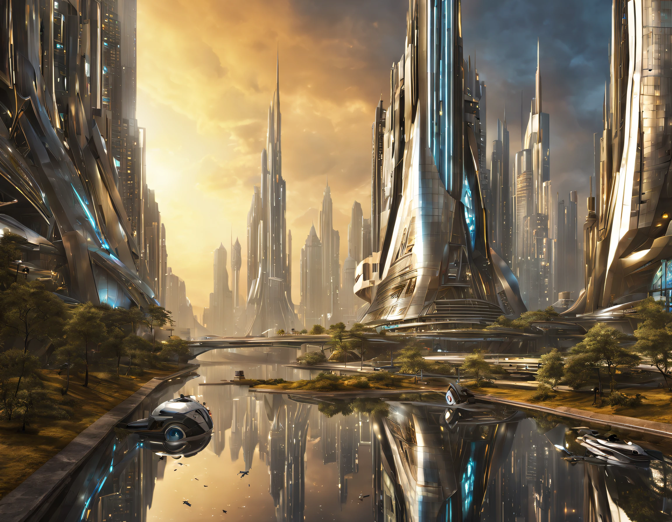 On an unknown planet there is a futuristic city with immense buildings of technological design que forman una infinita avenida, con estructuras acristaladas en plata, oro y bronce espectaculares en la que sobrevive un robot femenino espectacular. con colores vivos. pavimento ensolado. gente paseando.