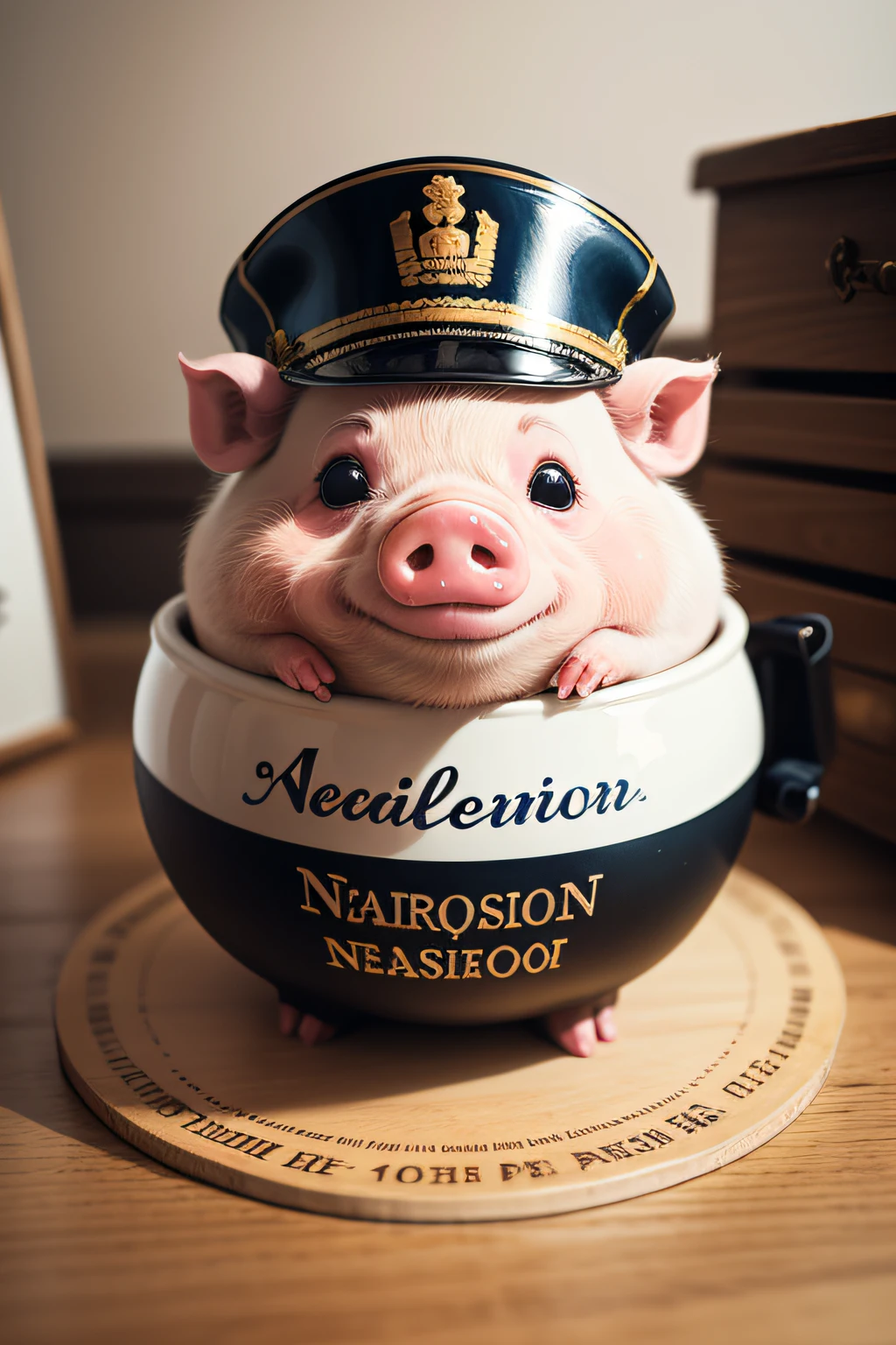 /Create an illustration of a cute pig with a label with the name 'Napoleon' and a 'Forbidden' sign. Assurez-vous que le cochon a un air sympathique et que le panneau est clairement lisible