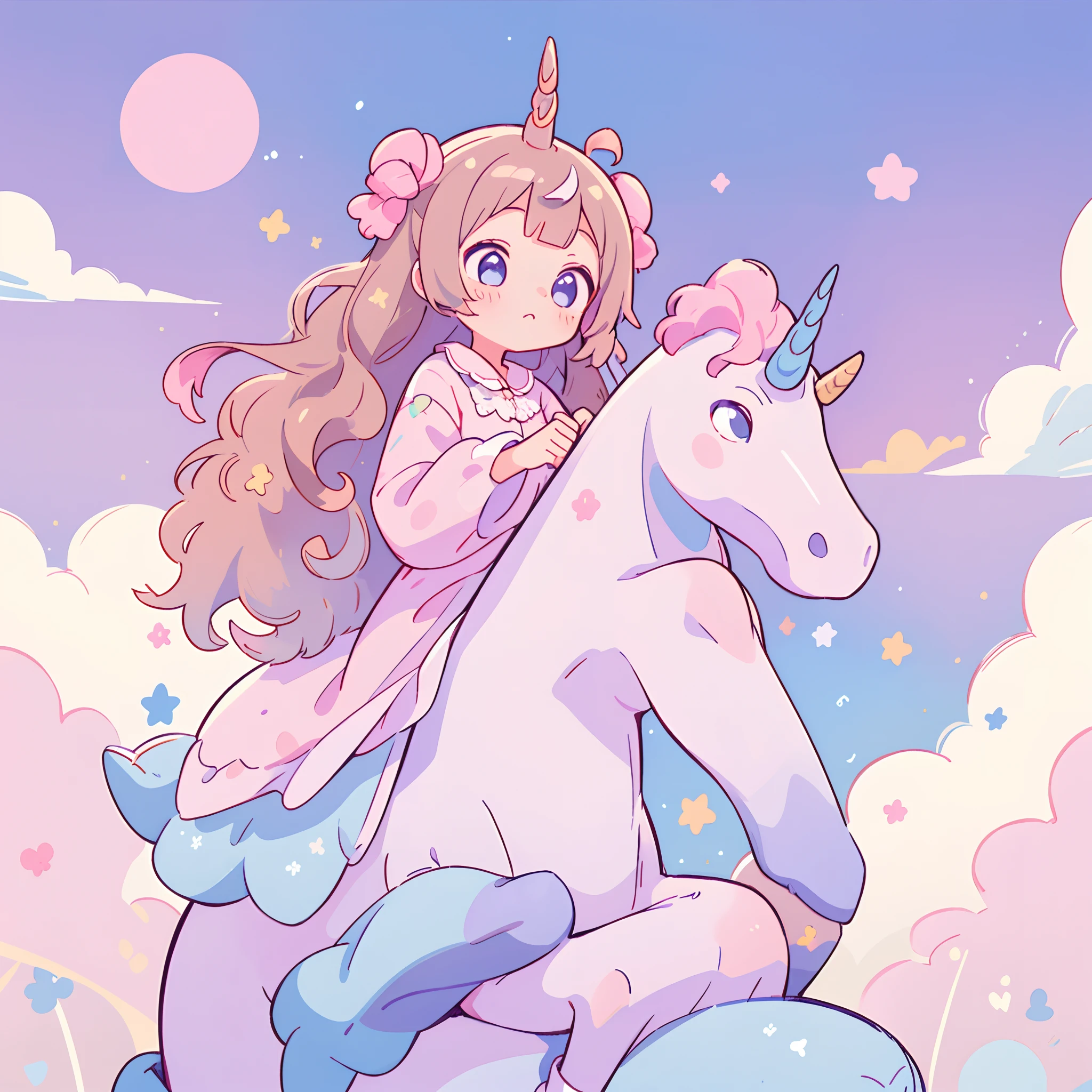 ((unicorn)), ((medium head)), (( proportionate)), small, pastel colors, kawaii, cute colors, masterpiece, 💖💫, riding a unicorn in the night sky, 1girl, nightgown, pajama style, pastel purple sky, medium hair, brown hair, blue inner hair, hime cut, wavy hair,