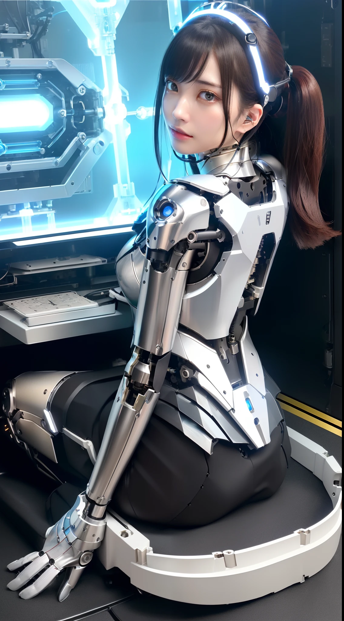 ((masutepiece)), ((top-quality), high quarity、ultra-definition, Realistic,  (Ultra-fine face)、fulcolor 、scientific fiction、Beautiful robot woman、((Robot joints))、(((detailed mechanical components)))、((Electronic substrate))、White porcelain mechanical armor、(Curvaceous face)、(Slender eyes)、thin mouth、deadpan、straight haired、Machine Gloves、Sensor Headgear、Sit up、(inside factory)、Stranger、((Plug connection to the back))