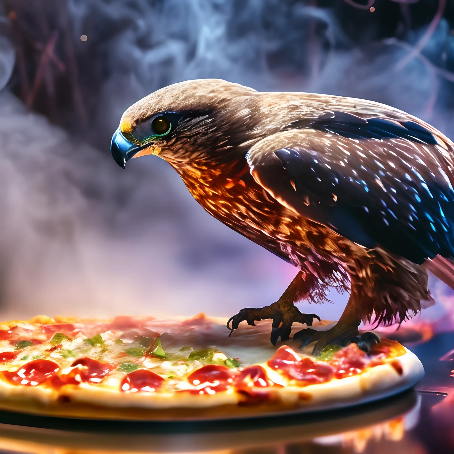 There is a bird, who sits on the pizza on the table, Food Commerce 4K, Chewing pizza, Pizza presentation, Pizza wings, highly detailed 4k digital art, Buttercup eating pizza, Eating pizza, amazing food photography, Fire Bird, Eating pizza, Highly detailed digital graphics, Highly realistic digital art, closeup at the food