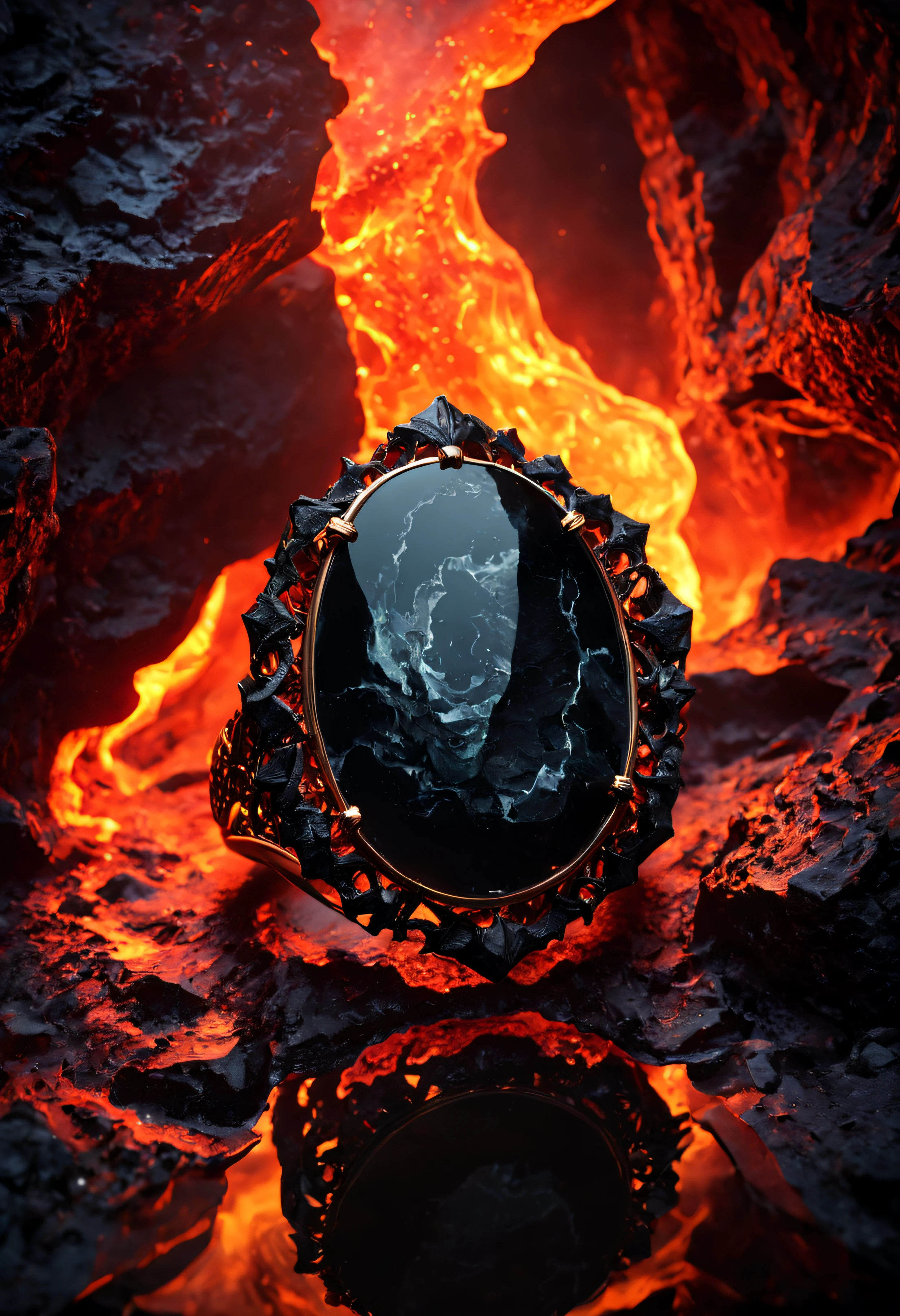 (best quality)+, (Intricate detail)+, surreal ambience, dreamlike, a black obsidian ring sits in a sea of lava, 8k, 4k textures, super-detailed, warm colour gamut, specular highlights