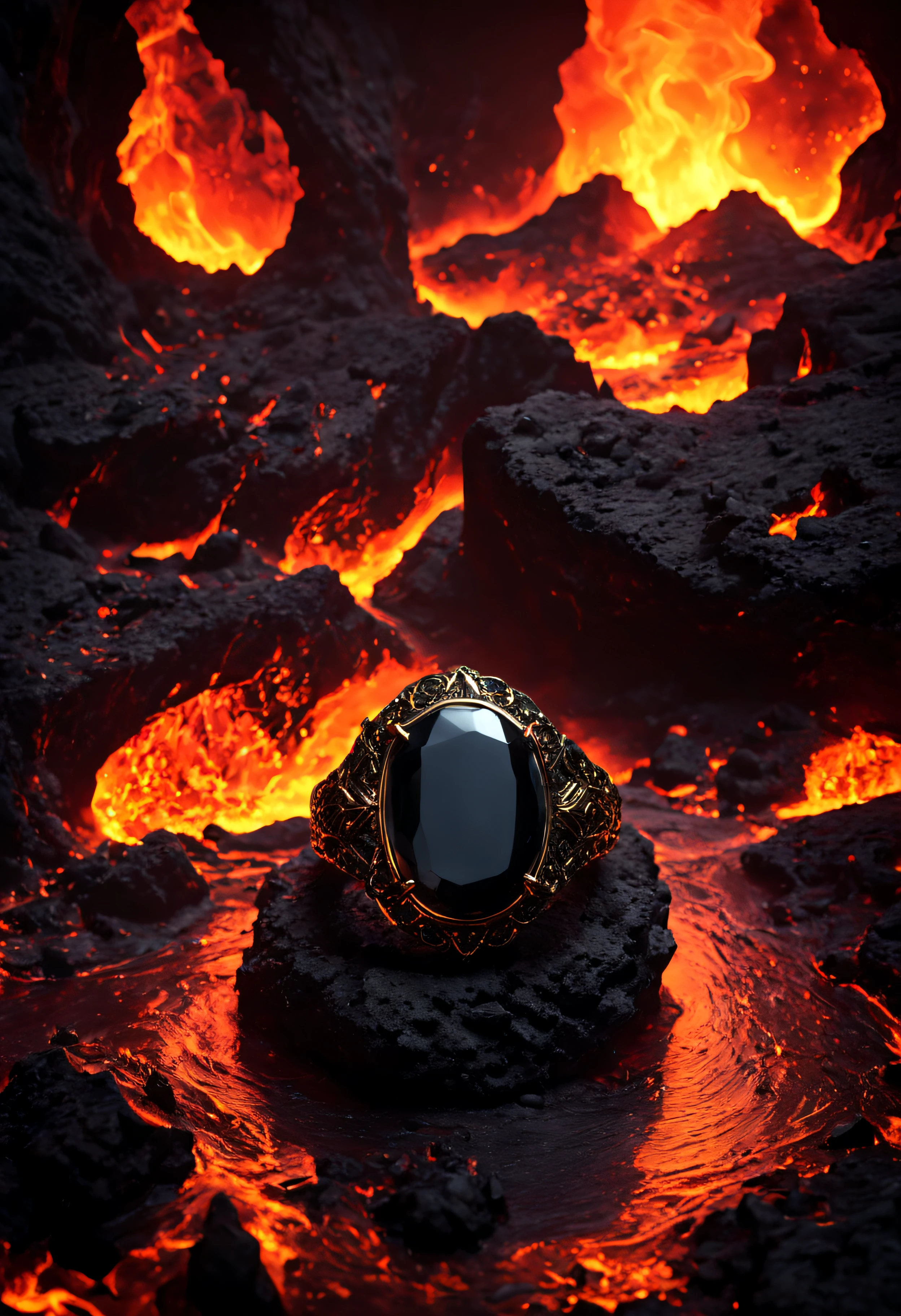 (best quality)+, (Intricate detail)+, surreal ambience, dreamlike, a black obsidian ring sits in a sea of lava, 8k, 4k textures, super-detailed, warm colour gamut, specular highlights