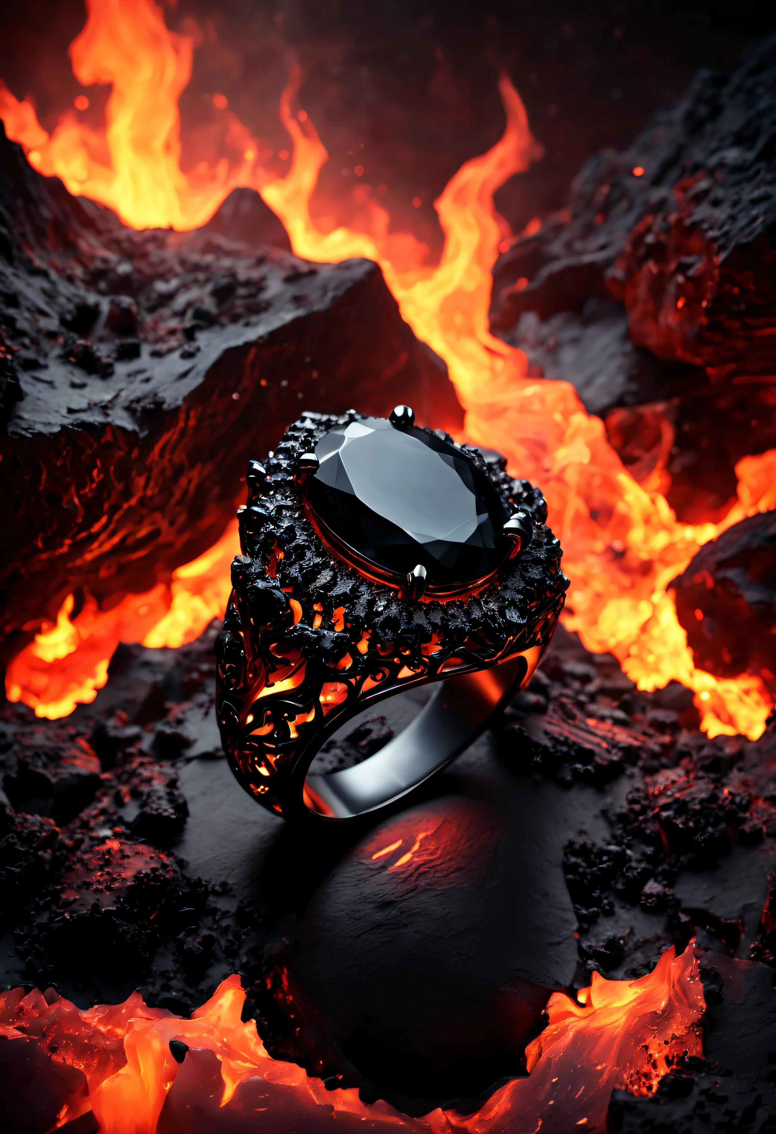 (best quality)+, (Intricate detail)+, surreal ambience, dreamlike, a black obsidian ring sits in a sea of lava, 8k, 4k textures, super-detailed, warm colour gamut, specular highlights