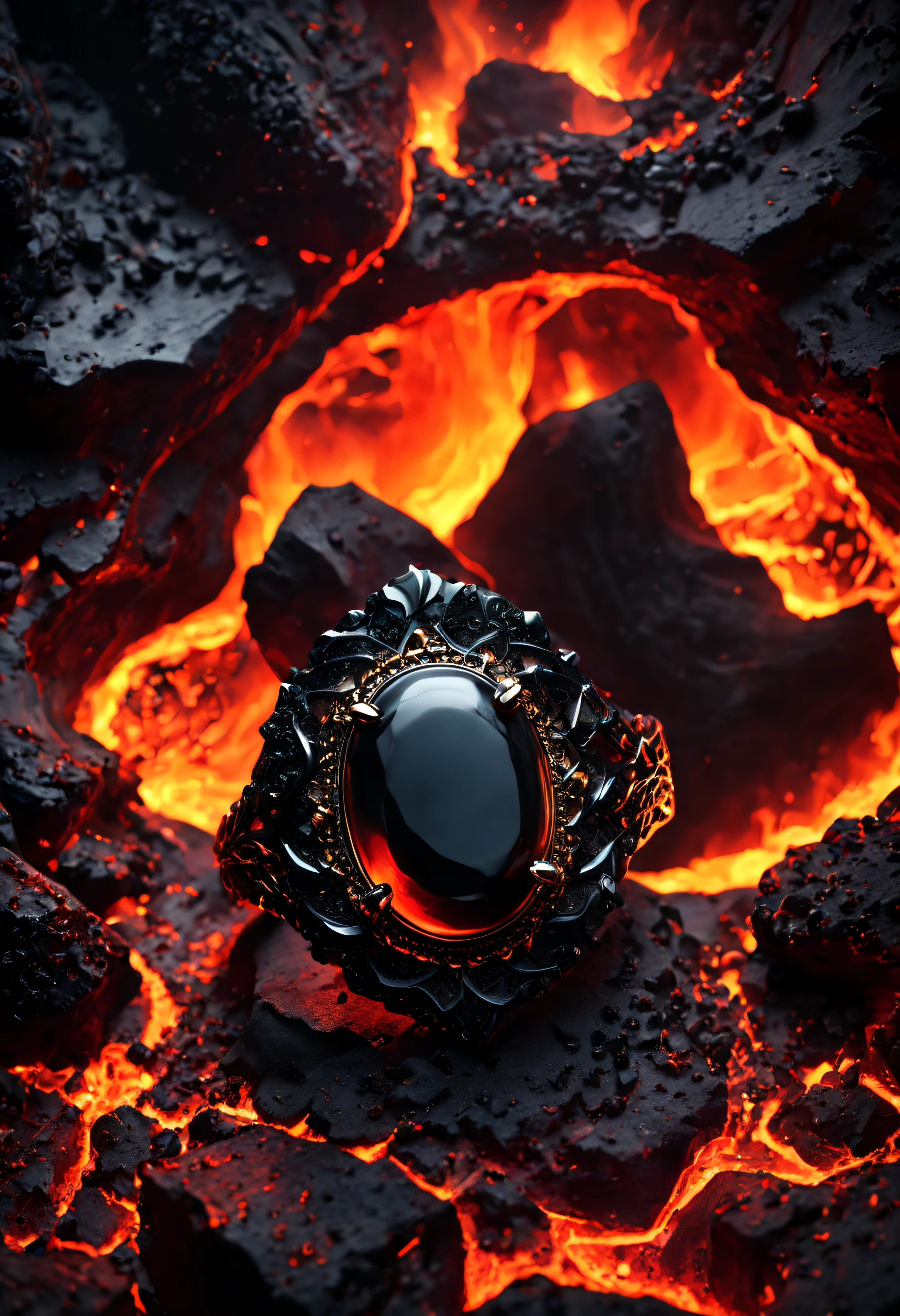 (best quality)+, (Intricate detail)+, surreal ambience, dreamlike, a black obsidian ring sits in a sea of lava, 8k, 4k textures, super-detailed, warm colour gamut, specular highlights