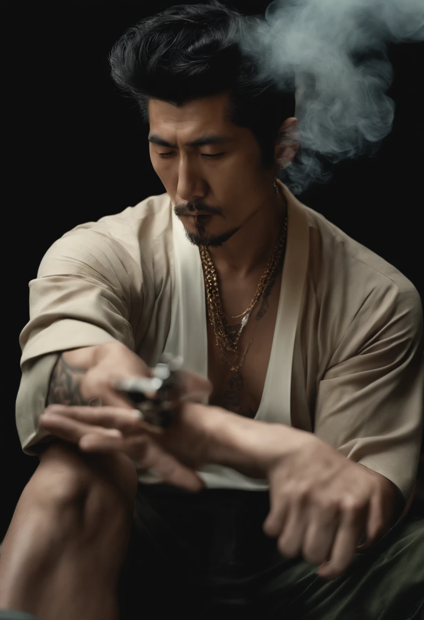 create an image of a japanese mafia, violent, brutal, fierce, intimidating, irezumi tattoos all over man's body, wearing japanese traditional half pants, goden accessories, ryokan, there are dead branches on the long wooden bench, tea set, japanese elegant and simple small white ceramic tea set, zen elements, elegant and high-end effect, make it look textured, (full body). 70's movie style, vintage color film, (18mm lens, wide angle: 1.3)