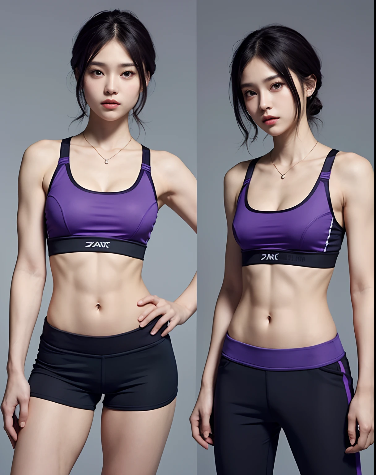 Woman in sports bra top and purple pants, sport bra and shirt, training bra, sport bra, Photorealistic perfect body, Sports Bra, sport bra and shorts, fit girl, Sporty physique, wearing fitness gear, detailed sports bra, smooth 3d cg render, cute sportswear, smooth body features, Fitness Model, sport bra and dark blue shorts、(((flat chest)))、short-hair、a necklace、ear piercings