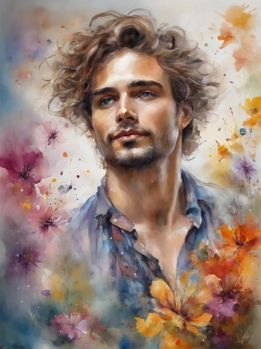(masterpiece), (best quality), (ultra detailed),(disheveled hair),(illustration), (1man), standing, Fashion model, looking at viewer, (interview), (detailed background),beautiful detailed eyes, delicate beautiful face, Floating,(high saturation),(colorful splashes),colorful bubble,(shining), focus on face, floating flowers, floating hairs, (shining), best lighting, best shadow, 1male solo