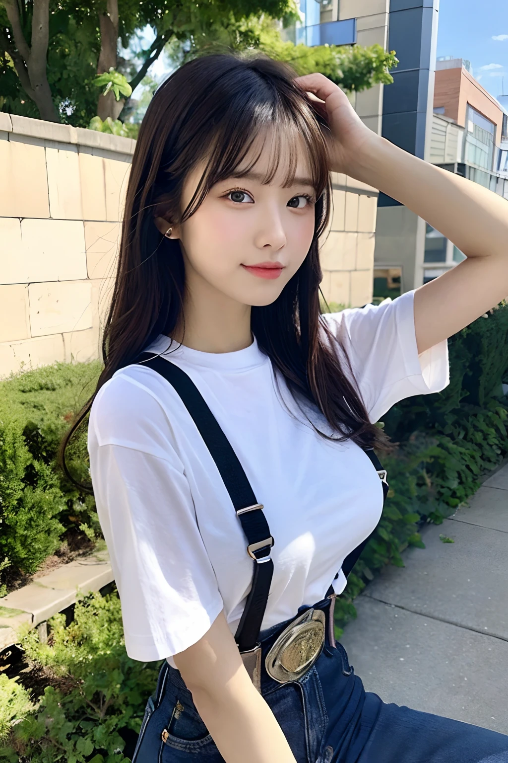 ​masterpiece、top-quality、The ultra -The high-definition、、colourfull、flat-colors、depth of fields、lens flare 1 girl、、A dark-haired、watching at viewers　　　Black Cutter Shirt　a belt　suspenders　working adults　materia　OL　　　glares　large full breasts　JINS　jeans　 Face sitting
Waiting to start　 Armpit sweat　perspiring　Side of both hands