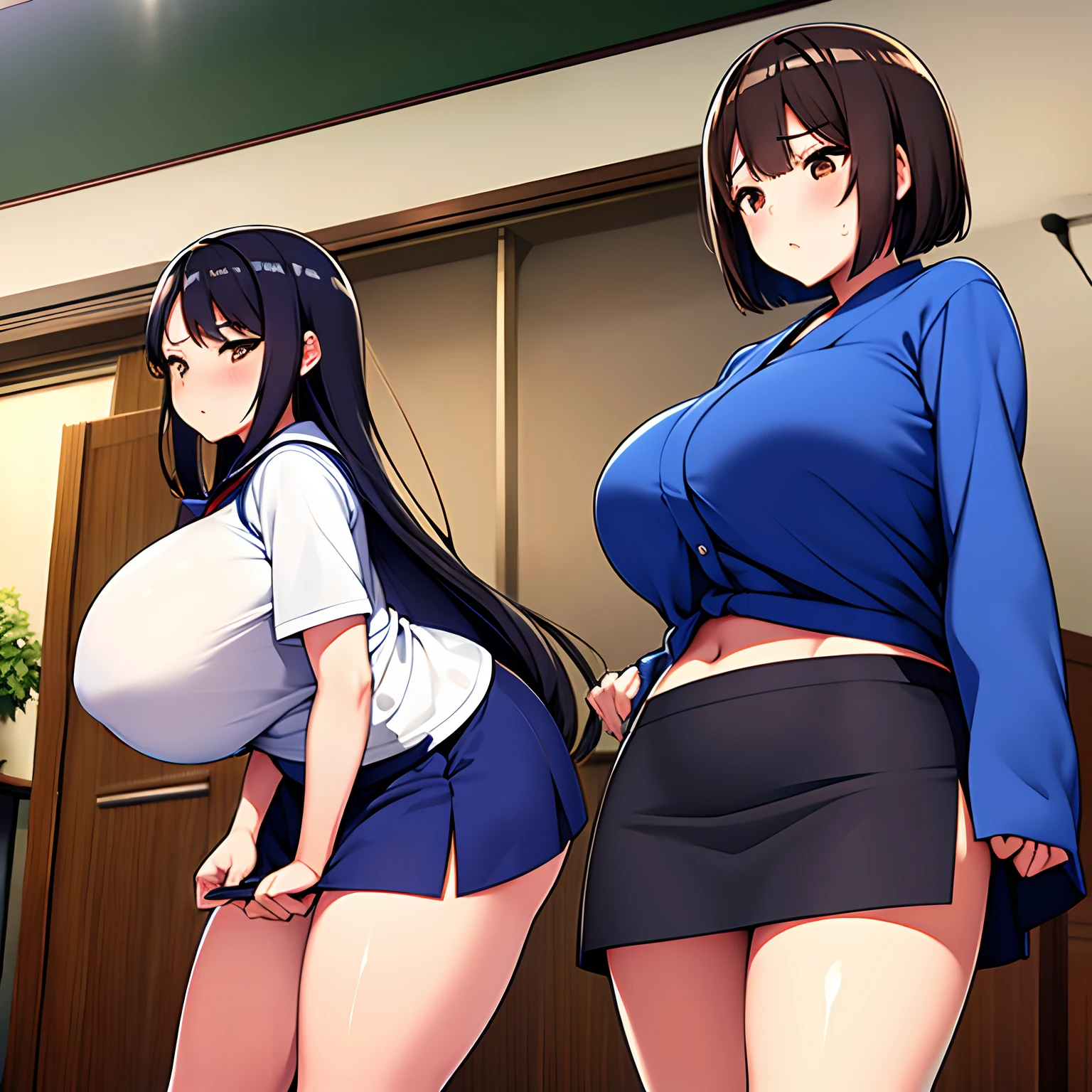 ultra gigantic tits、japanes、 girls、Black shorthair、Brown eyes、Embarrassed look、Blue shirt、a short skirt、Classroom