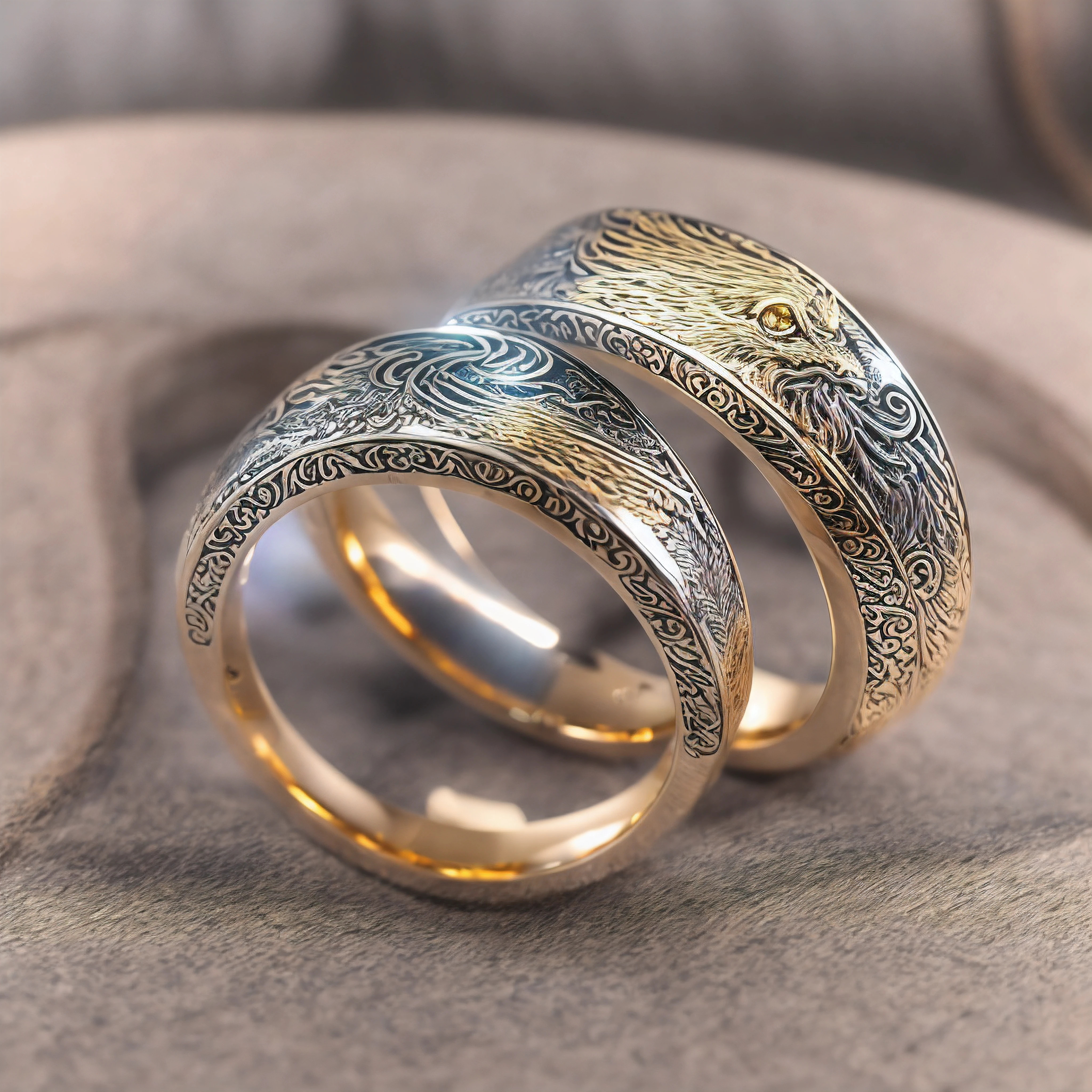 couple ring, golden platinum, dragon engraved, phoenix engraved, purple light streams emanating from the rings