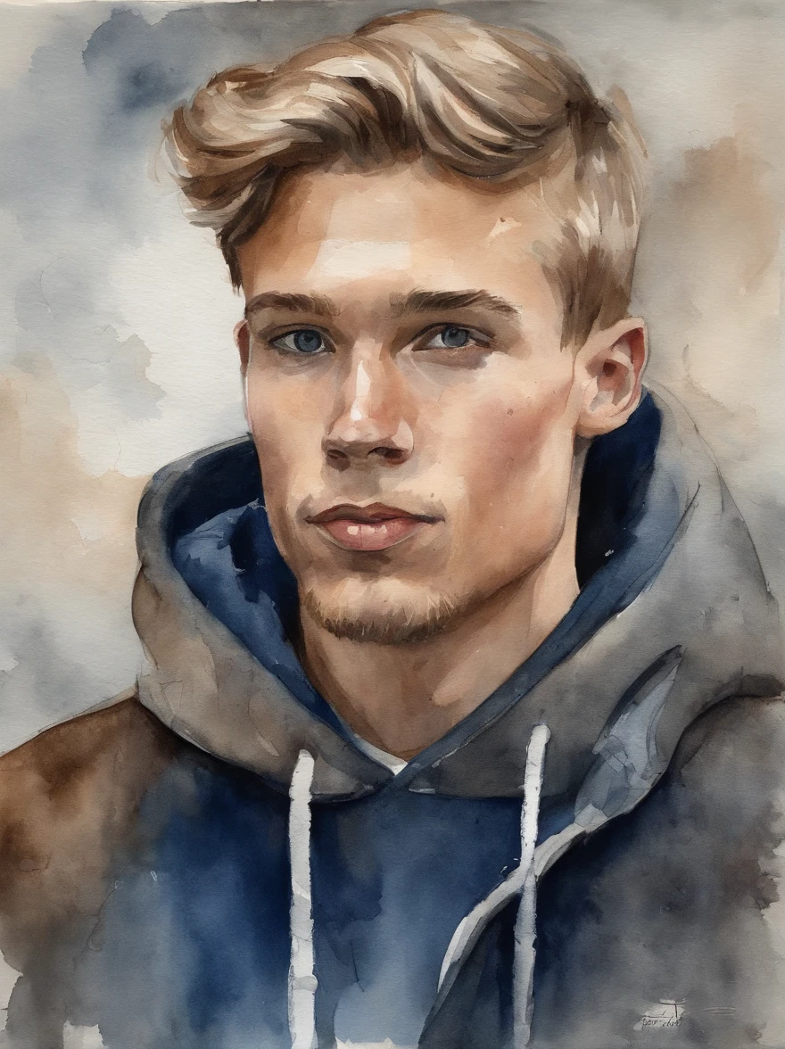 23 year old Dutch guy, dark blonde hair, dark blue eyes, looking proud, standing straight, light skin, wearing a brown hoodie, hair is like frenkie de jong