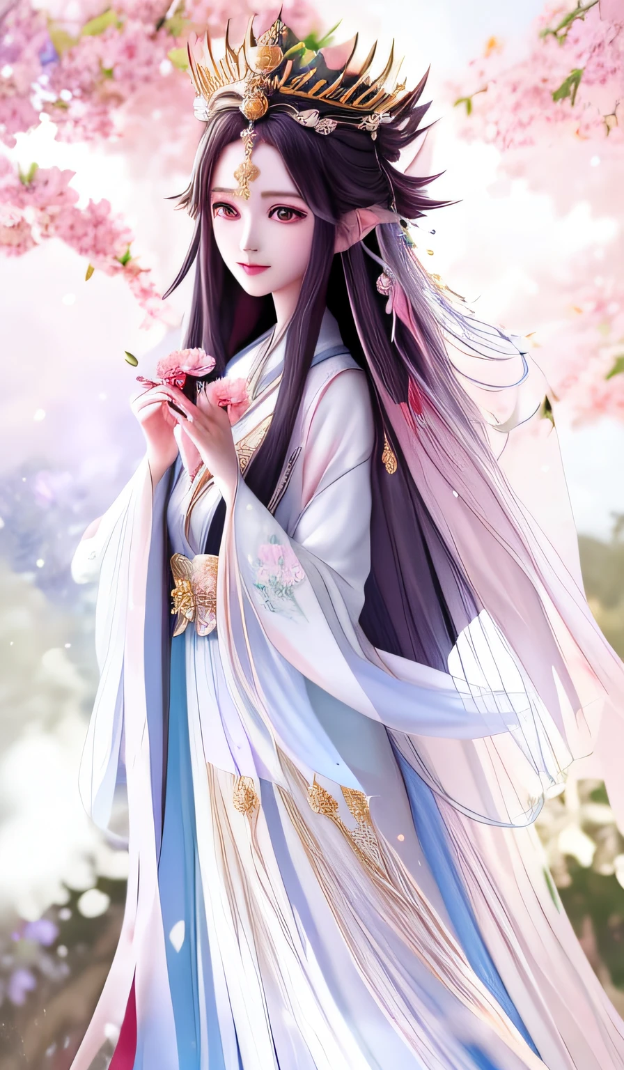Anime girl with long hair and veil holding flowers, ((a beautiful fantasy empress)), a beautiful fantasy empress, beautiful teenage girl, beautiful and elegant elf queen, beautiful fantasy maiden, Ethereal beauty, Palace ， A girl in Hanfu, Guviz, Beautiful goddess, Anime goddess, Beautiful character painting, beautiful elven princess, Fantasy art style