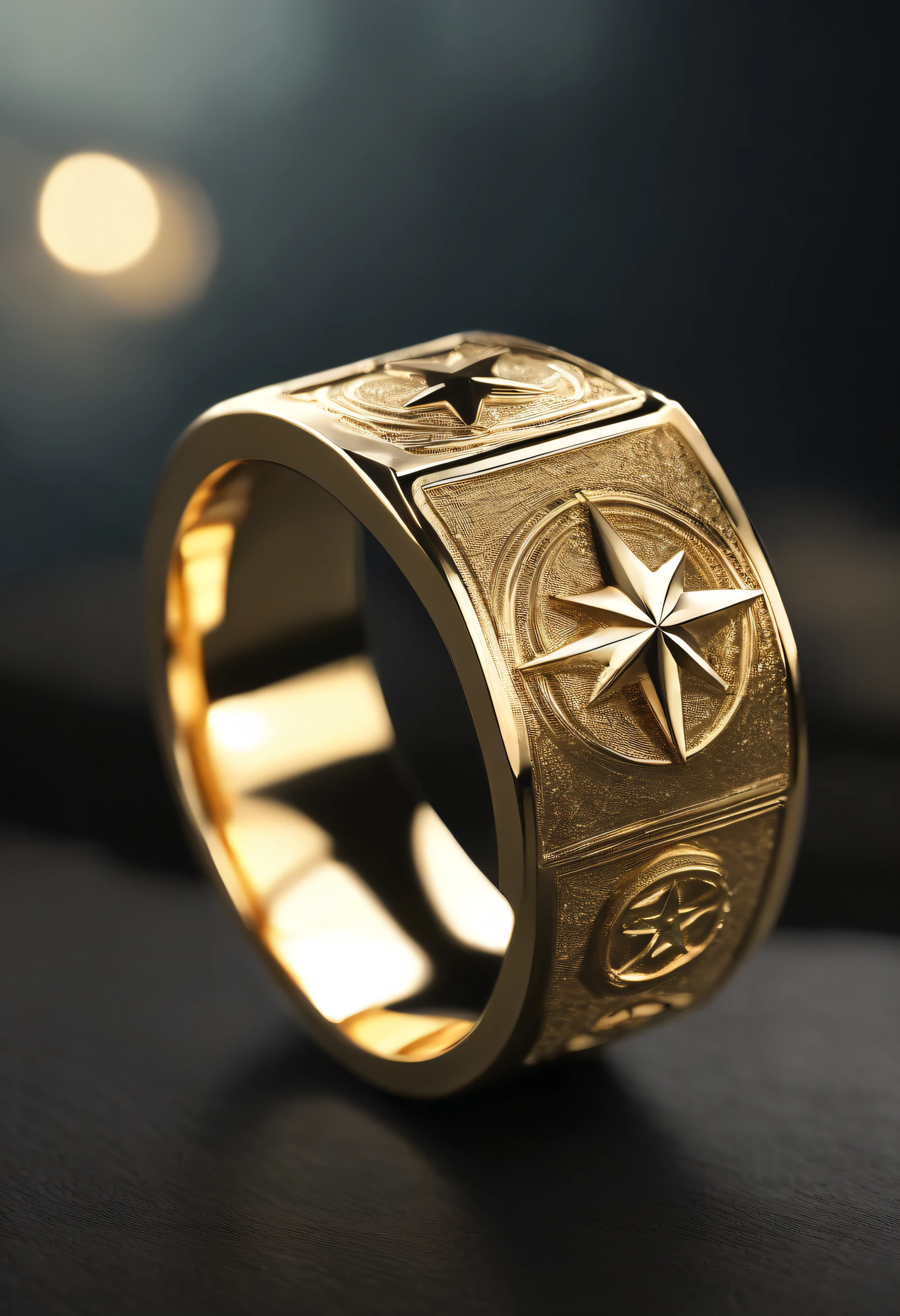 ((Commemorative ring design)),(Sparkling brass),Ring concept blueprint,Display display,(Engraved with an artenographic five-pointed star),(Bas-relief style),The bottom of the ring is engraved with the small print 'Star Union 5th Ann'