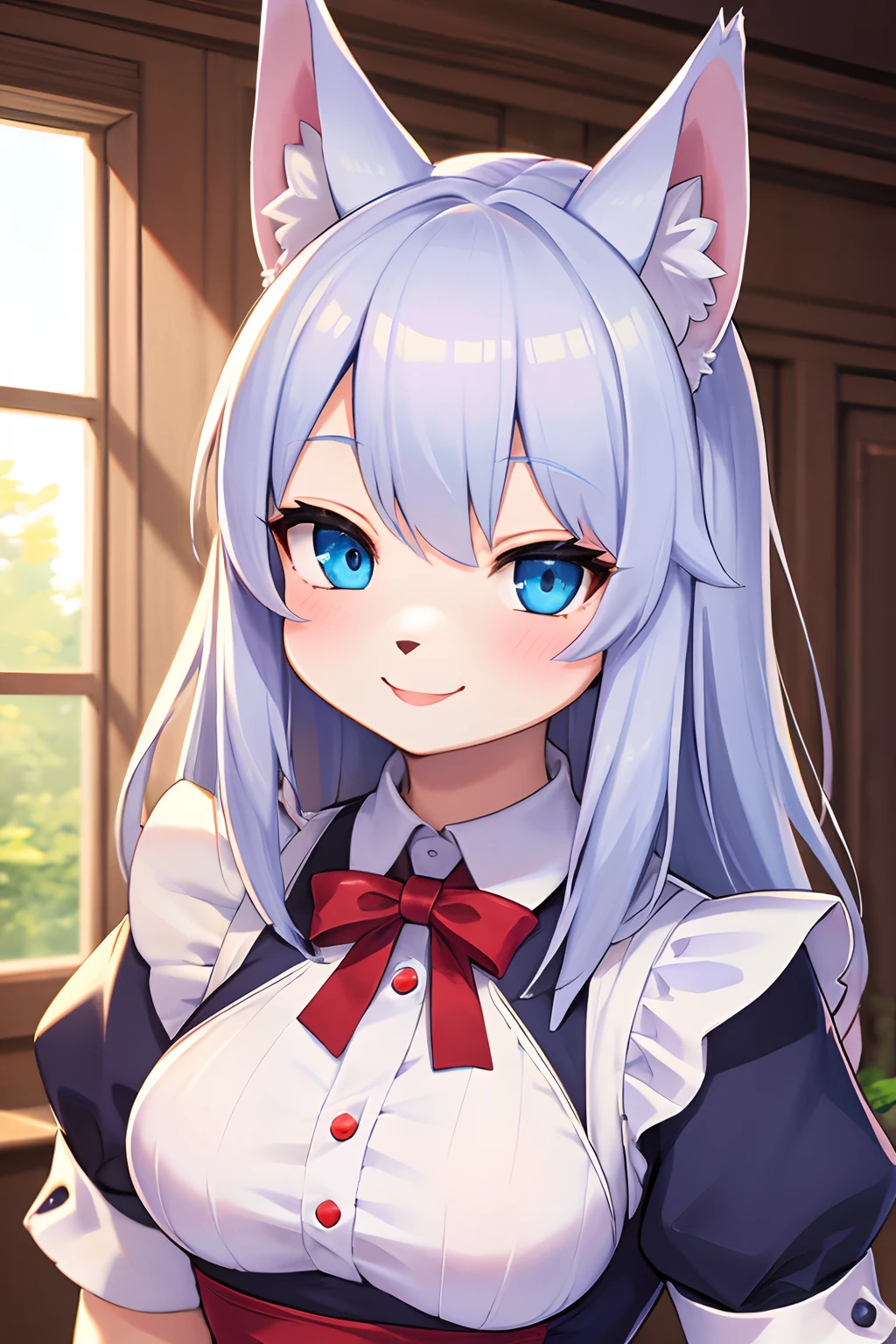 Masterpiece。Best Quality。One lady。Beautiful Scandinavian Woman。Silver straight hair。Wolf ears。Beastly skin。Wolf-like face。Blue eyes。White Maid Prim。maid clothes。Upper body portrait。Portrait Photography。see the beholder。Meek smile。