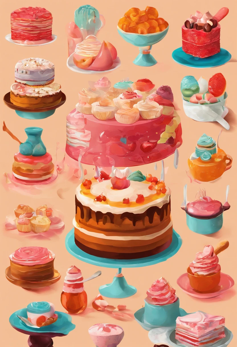 Lots of bright cakes of various shapes and colors, as well as beautifully laid out cooking tools